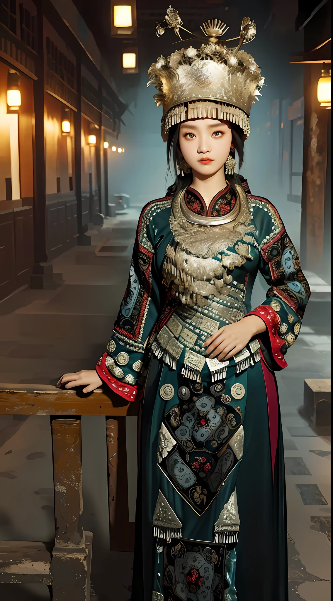 A Miao, beautiful girl, standing, tall, big eyes and melon face, beautiful and charming