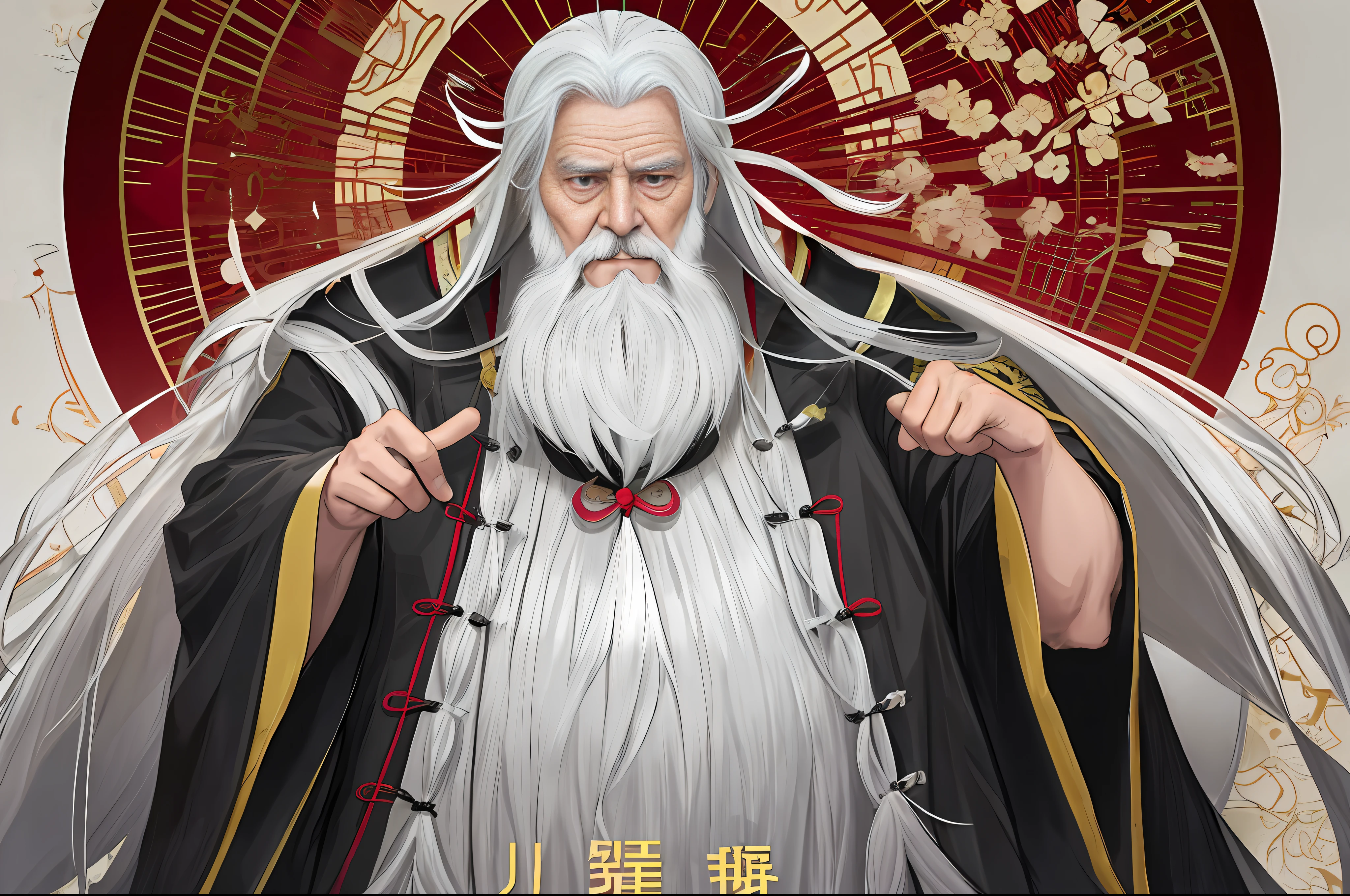 An authoritative old man, full-body photo, Chinese face, silver striped hair, long white beard, outlining a face of vicissitudes. There was a hint of exhaustion in his harsh gray eyes. He often wore flowing robes decorated with intricate symbols, high status, standing on the podium, with his hands on his back, many people watching, exterior, Chinese fairy style.