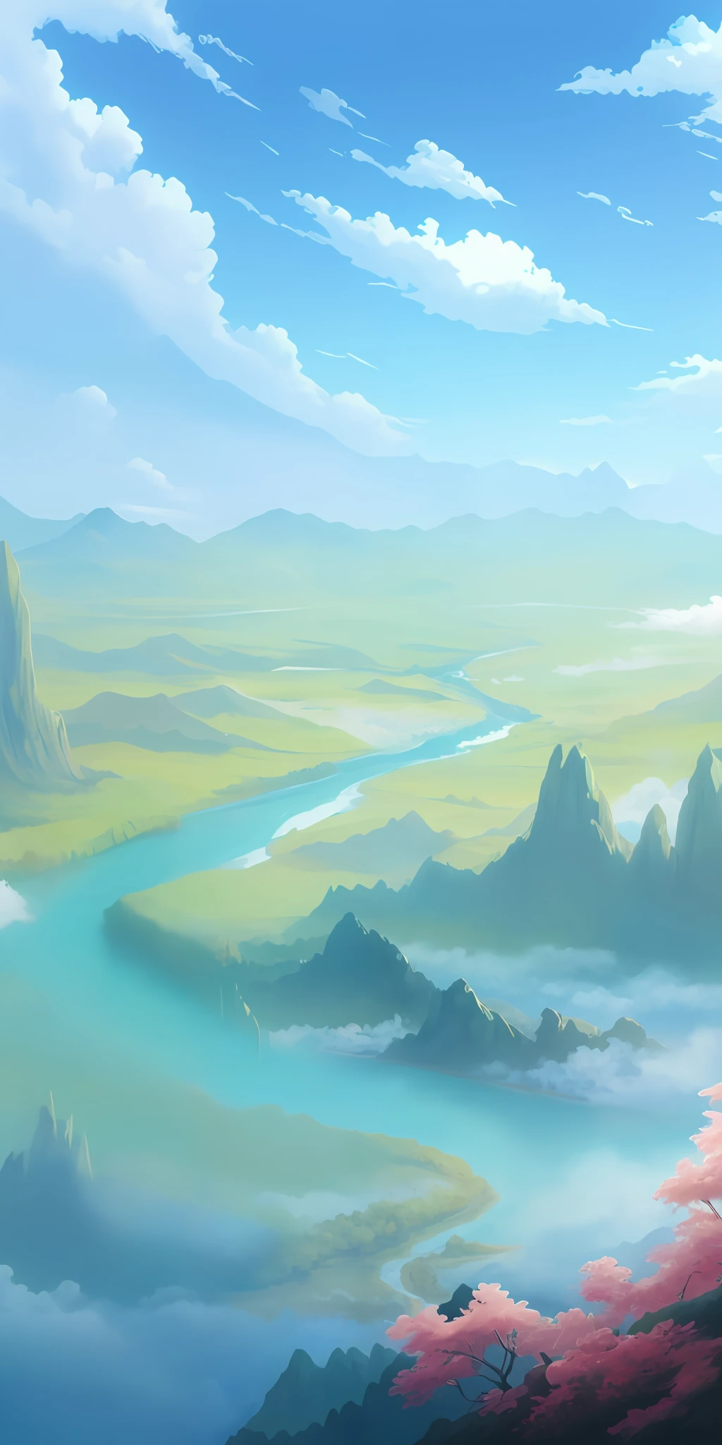 painting of a river running through a valley with a mountain in the background, detailed scenery —width 672, gigantic landscape!, anime landscape, an epic landscape, dreamy landscape, distant valley, anime countryside landscape, vast landscape, anime landscape wallpaper, serene vast landscape, rpg landscape, ethereal landscape, most epic landscape, epic landscape, fantasy landscape painting, distant village background