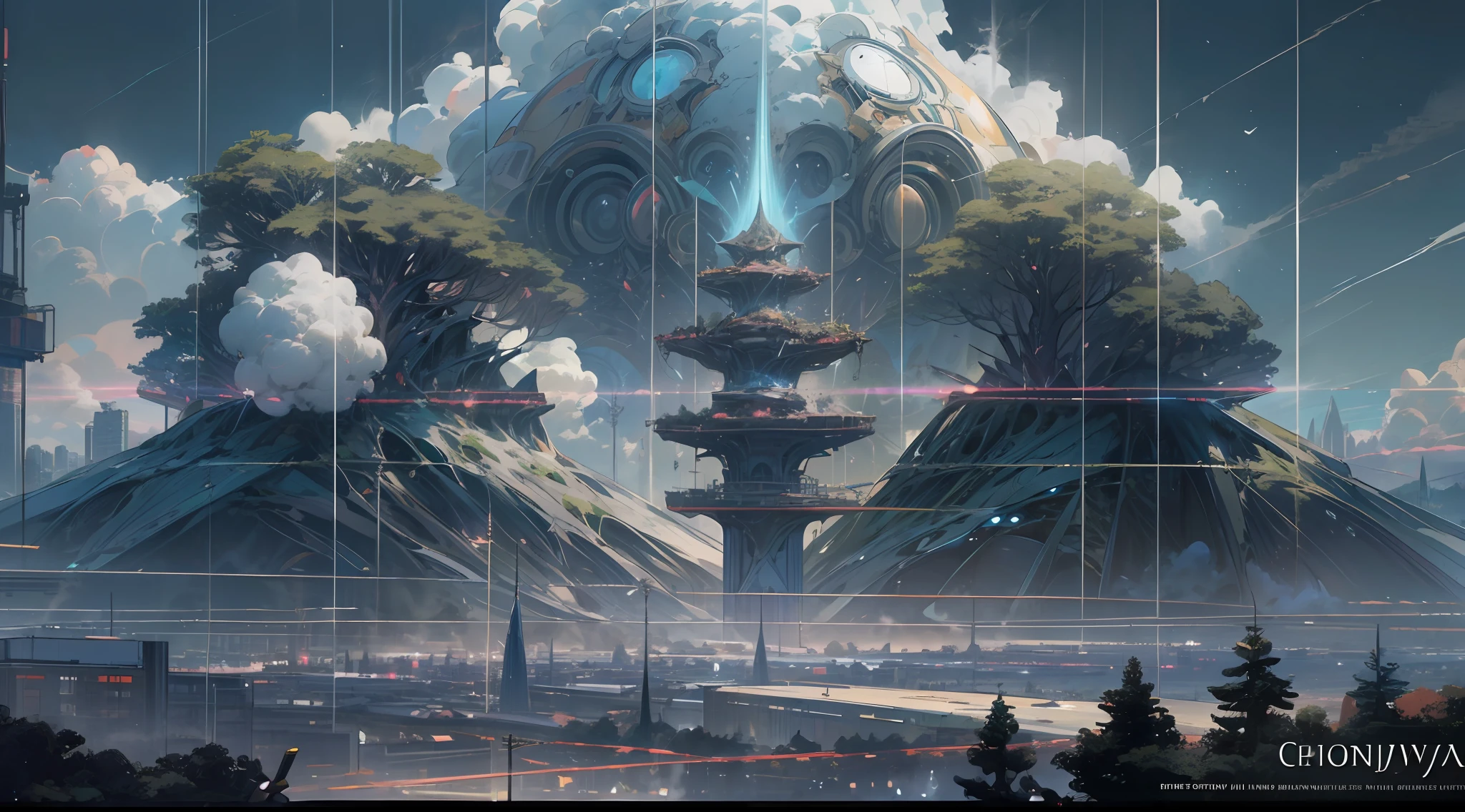 Sky, Clouds, holding_weapon, no_humans, Glow, giant_ trees , cyberpunk_Architecture, "sky, cloud, glowing, big trees , building, cybernetic _trees, tree_mech, sci-fi, cityscape, realistic, mechanical" Science Fiction, Cities, Rendered in Octane, hyper realistic, 8k, epic composition, cinematic, octane render, artstation landscape vista photography by Carr Clifton & Galen Rowell, 16K resolution, Landscape veduta photo by Dustin Lefevre & tdraw, 8k resolution, detailed landscape painting by Ivan Shishkin, DeviantArt, Flickr, rendered in Enscape, Miyazaki, Nausicaa Ghibli, Breath of The Wild,,trending in artstation, cgsociety, 8k post-processing highly detailed,Junji Murakami, Mucha Klimt, Sharandula, Hiroshi Yoshida, Tom Bagshaw, Ross Tran, Artgerm,Craig Mullins,dramatic,Junji Murakami, moody lighting rendered by octane engine,characters 8K symmetrical arstation, cape,cinematic lighting, intricate details, 8k detail post processing, hyperealistic, octane rend, Zdzisław Beksiński style, ar 2:3 Reality Reality --auto --s2