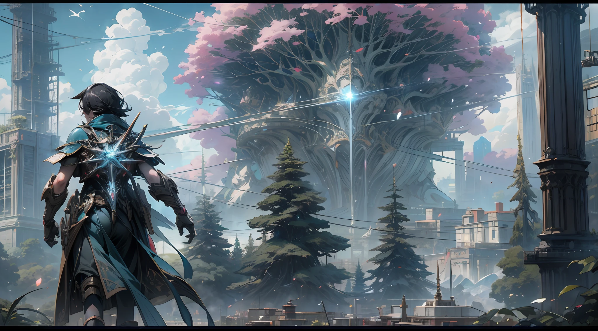 Sky, Clouds, holding_weapon, no_humans, Glow, giant_ trees , cyberpunk_Architecture, "sky, cloud, glowing, big trees , building, cybernetic _trees, tree_mech, sci-fi, cityscape, realistic, mechanical" Science Fiction, Cities, Rendered in Octane, hyper realistic, 8k, epic composition, cinematic, octane render, artstation landscape vista photography by Carr Clifton & Galen Rowell, 16K resolution, Landscape veduta photo by Dustin Lefevre & tdraw, 8k resolution, detailed landscape painting by Ivan Shishkin, DeviantArt, Flickr, rendered in Enscape, Miyazaki, Nausicaa Ghibli, Breath of The Wild,,trending in artstation, cgsociety, 8k post-processing highly detailed,Junji Murakami, Mucha Klimt, Sharandula, Hiroshi Yoshida, Tom Bagshaw, Ross Tran, Artgerm,Craig Mullins,dramatic,Junji Murakami, moody lighting rendered by octane engine,characters 8K symmetrical arstation, cape,cinematic lighting, intricate details, 8k detail post processing, hyperealistic, octane rend, Zdzisław Beksiński style, ar 2:3 Reality Reality --auto --s2