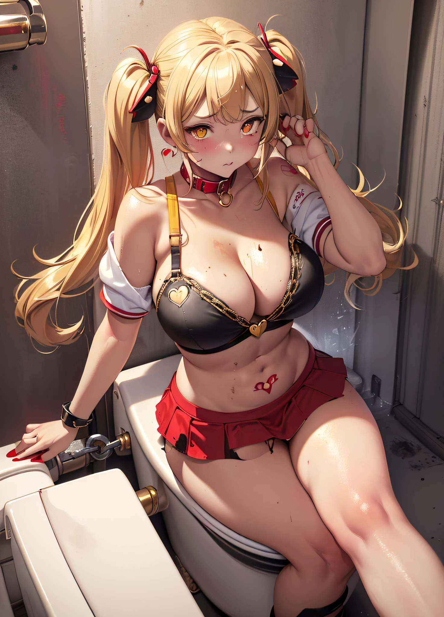 Masterpiece, Top Quality, 1girl, (Young Woman), Solo, Blonde Twin Tails, Big, Thighs, Dog Ears, ((Golden Eyes)), (((Red Collar)), Chain Leash, (Fluttering Yellow Mini Skirt), (Black Bra), (Red and Very Large Heart Tattoo Under the Navel)), (Embarrassed)), Sweating a lot, (((Red cheeks)), Looking Up, (((Dirty Toilet))