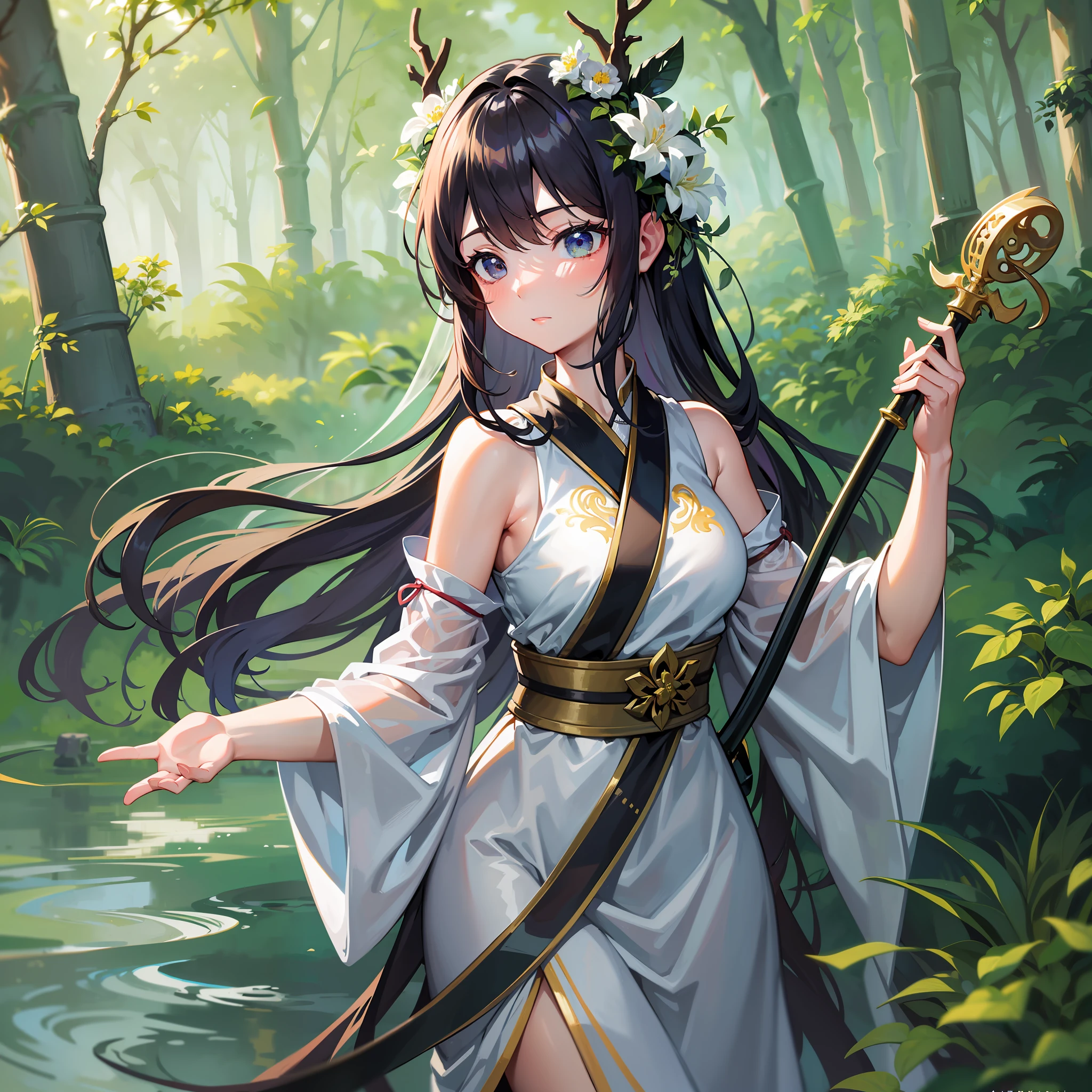 In the bamboo forest, birdsong singing, deer, flowing water, grass dotted with flowers, girl swordsman in white, Xuanjian, simple and sexy, exquisite, faint fog, wind, aesthetic, fantasy, dream, magic, magnificent imagination, high resolution, super delicate, two-dimensional, masterpiece, best quality