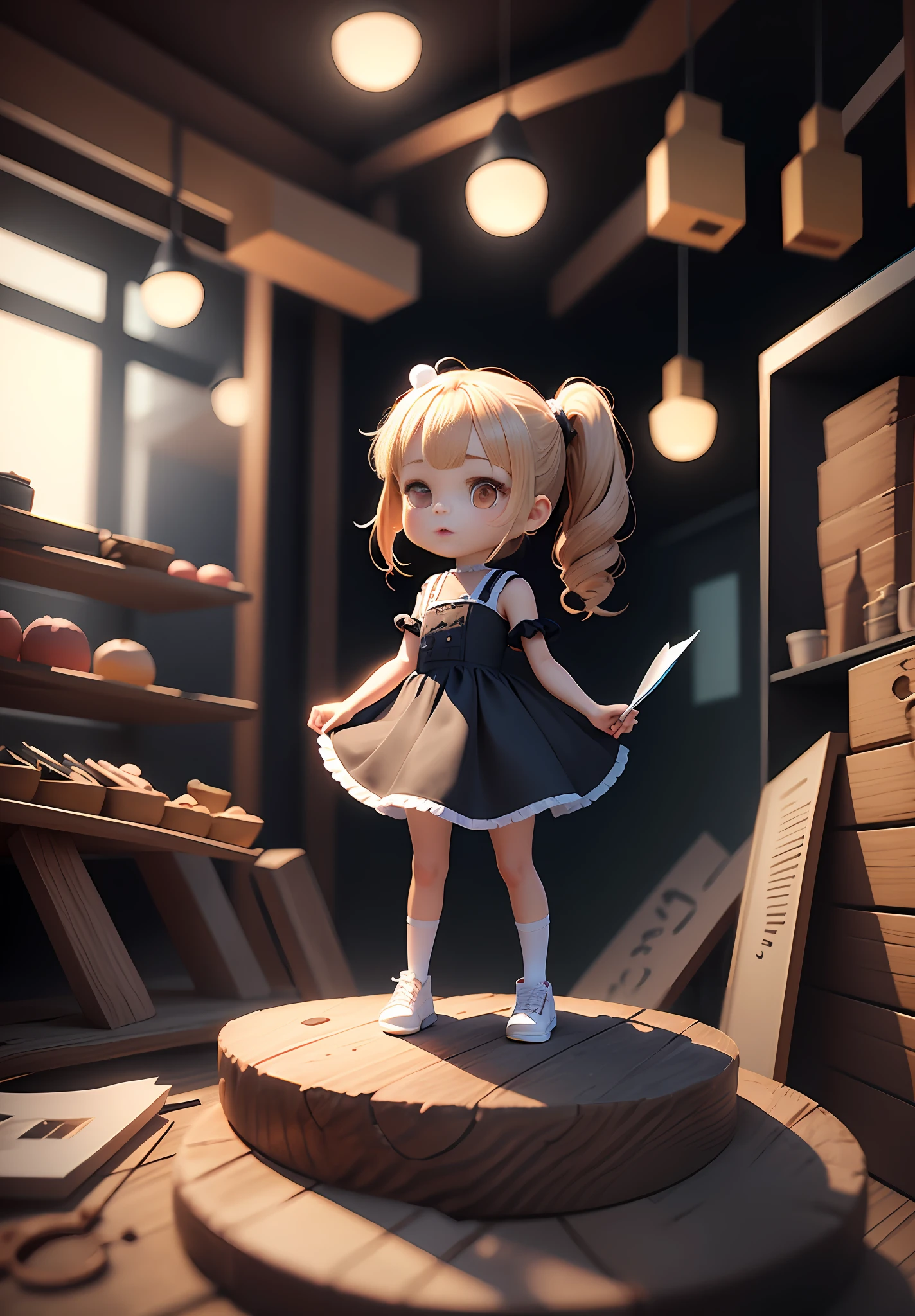 Drawing of a girl with ponytail and dress, cute 3d rendering, cute detailed digital art, mini cute girl, cute digital painting, 3d rendering stylized, cute digital art, cute rendering 3d anime girl, little curve loli, cute! C4D, a single character full body, standing on a white base