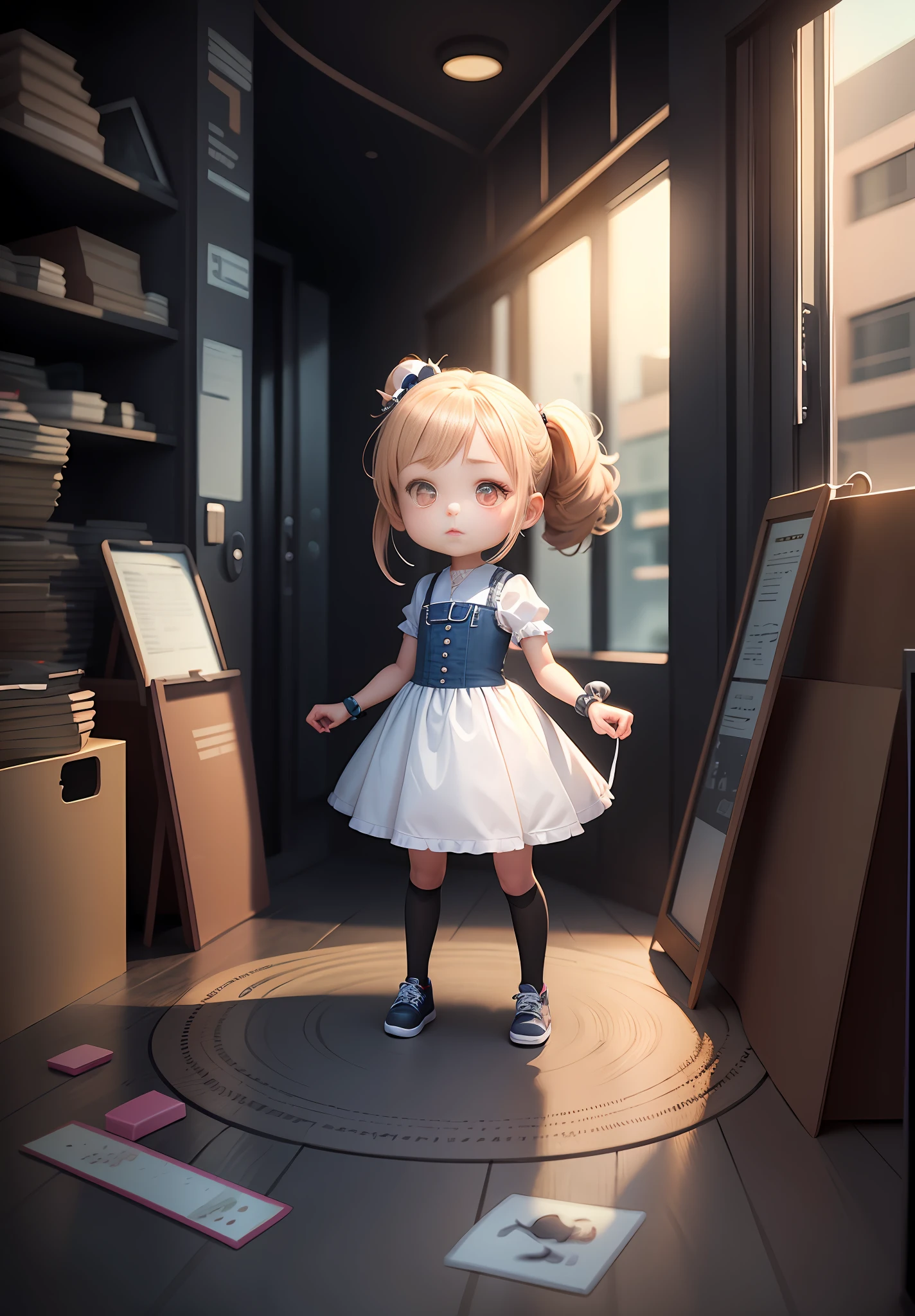 Drawing of a girl with ponytail and dress, cute 3d rendering, cute detailed digital art, mini cute girl, cute digital painting, 3d rendering stylized, cute digital art, cute rendering 3d anime girl, little curve loli, cute! C4D, a single character full body, standing on a white base