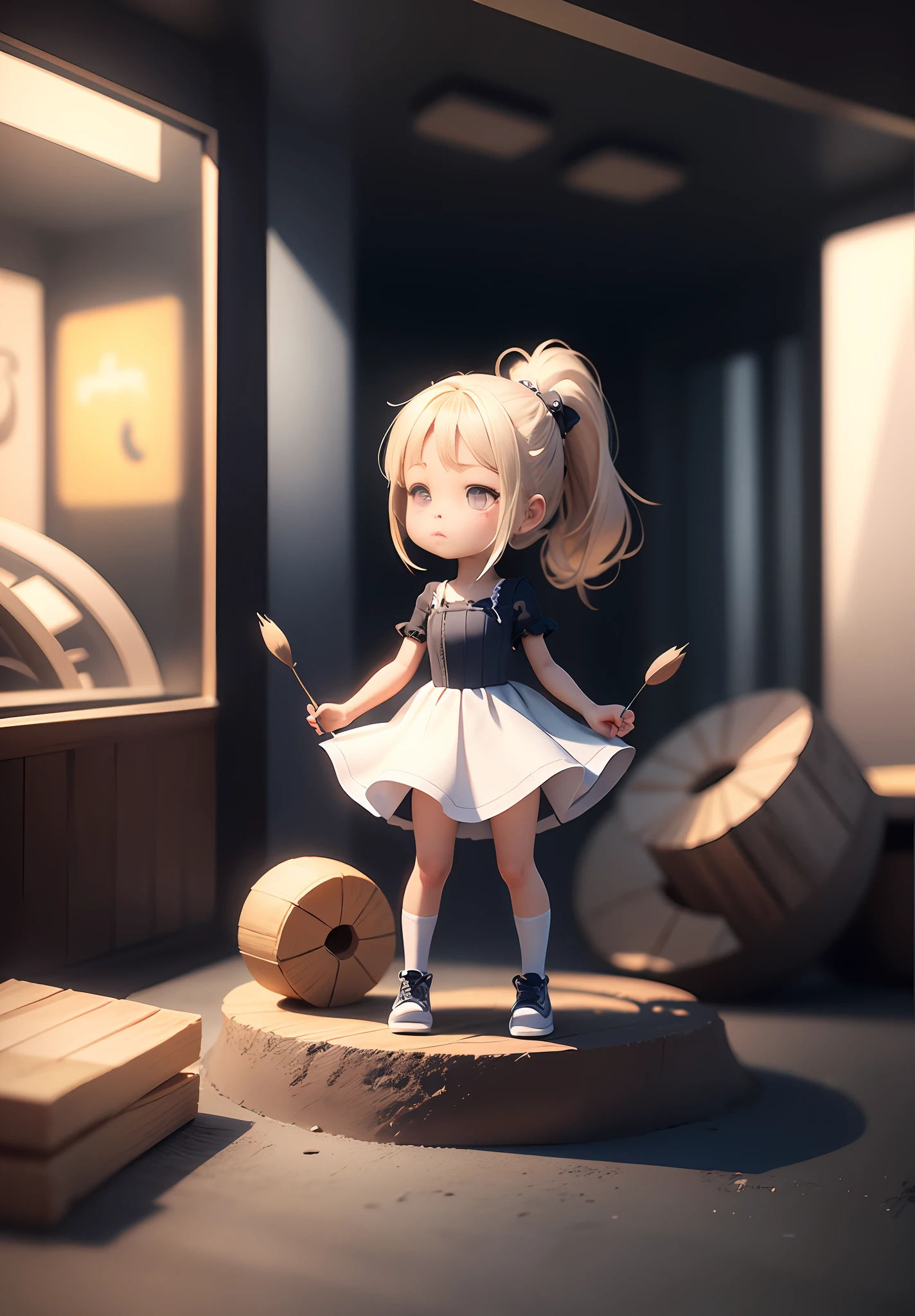 Drawing of a girl with ponytail and dress, cute 3d rendering, cute detailed digital art, mini cute girl, cute digital painting, 3d rendering stylized, cute digital art, cute rendering 3d anime girl, little curve loli, cute! C4D, a single character full body, standing on a white base