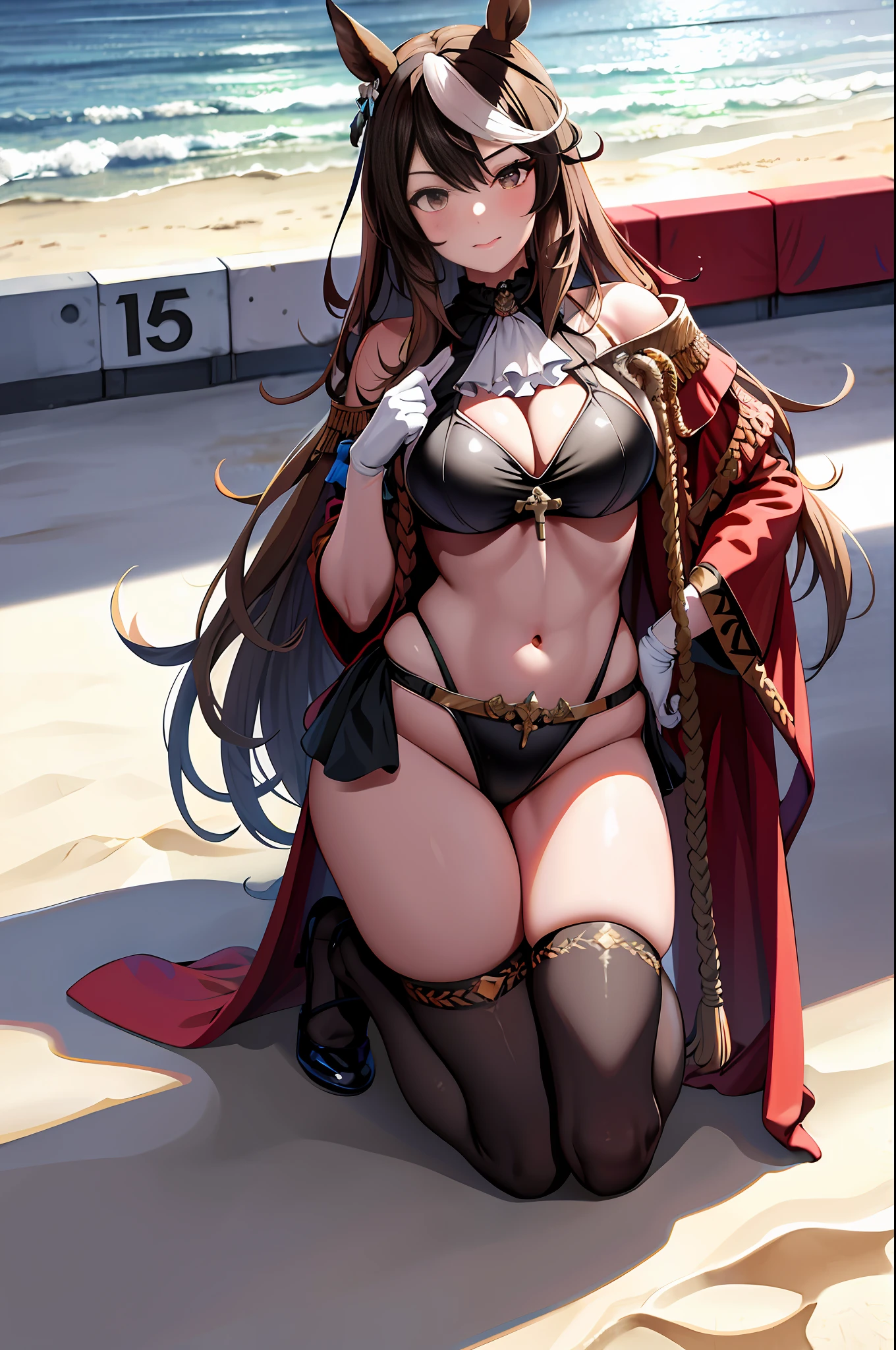 masterpiece, best quality, highres, 1girl, symboli rudolf (umamusume),full body wide angle, bewitching poses, (frame the head),cross halter bikini, blush, kneeling, beach, sunset