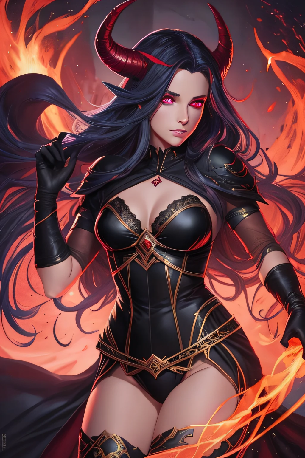 magv1ll art by magali villeneuve, beautiful tiefling girl, lingerie, black tabard, gloves, horns, medieval, colored skin, red skin, glowing eyes, particles