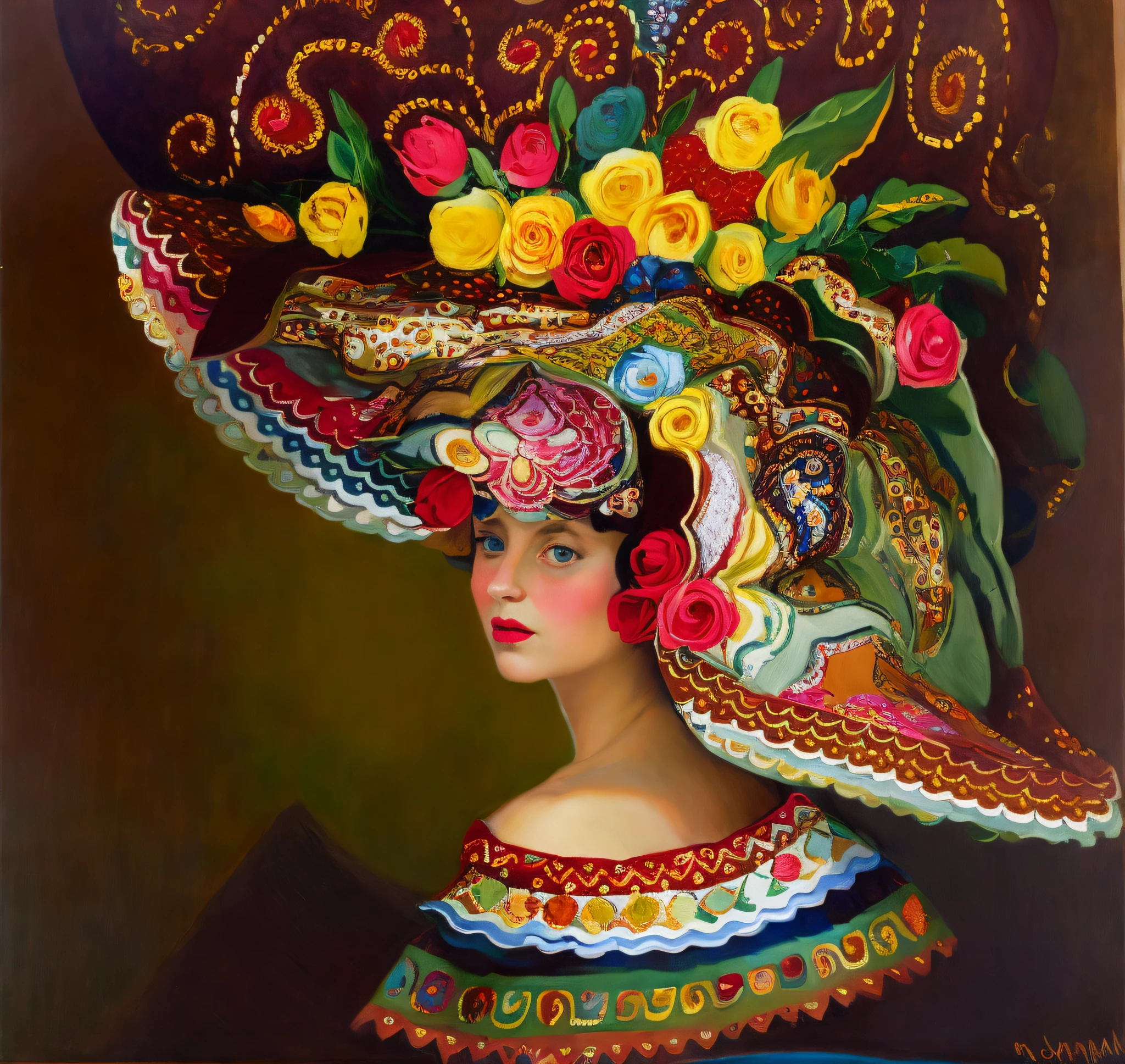 painting of a woman with a large hat with flowers on it, turban of flowers, inspired by james christensen, woman with hat, by Marie Bashkirtseff, elegant lady, art deco flower shaman, turban of vibrant flowers, transylvanian folk art, ornately dressed, inspired by James C. Christensen, traditional folk art style, catherine nolin