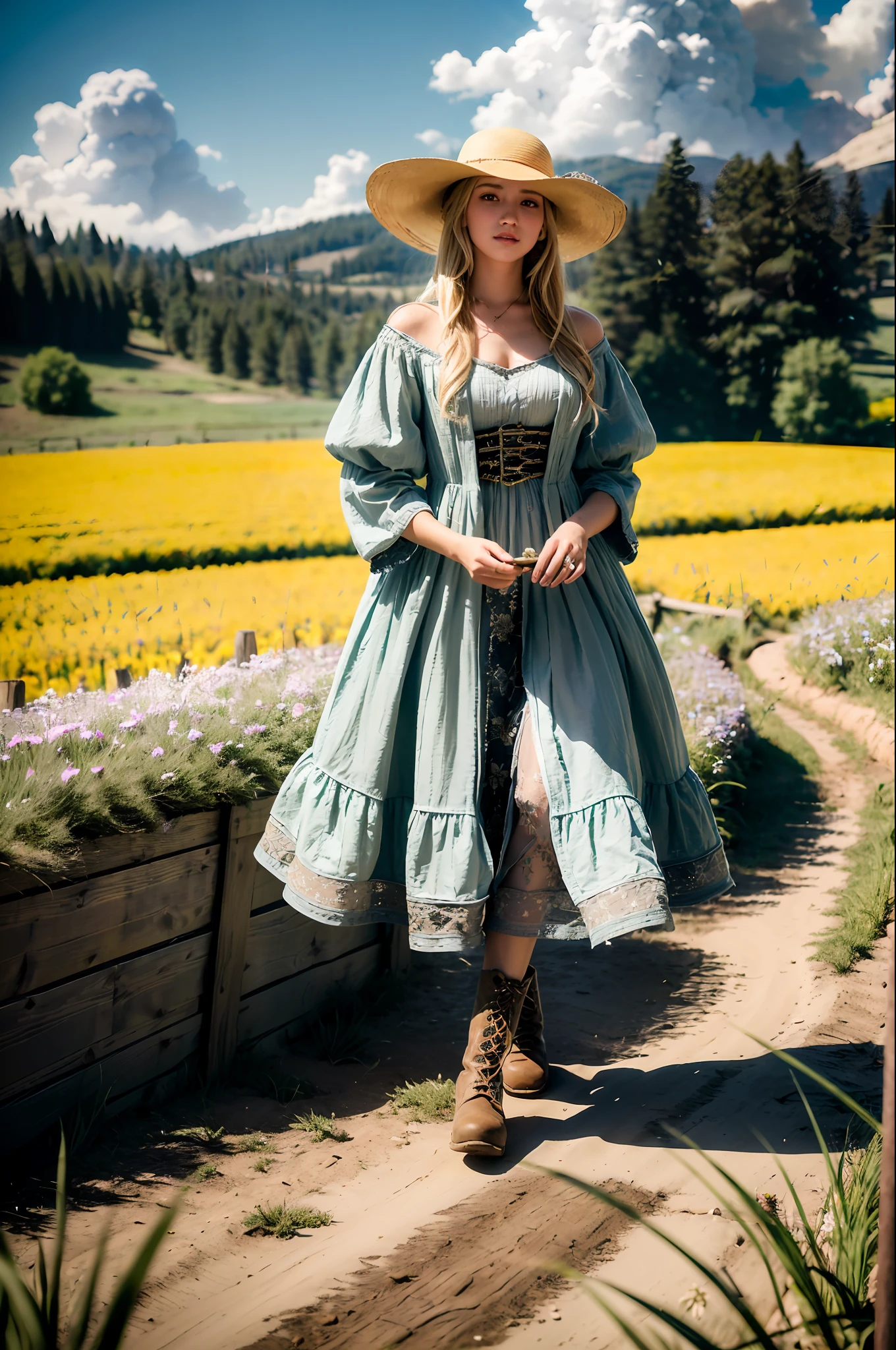 (realistic:1.3), finely detailed, quality, rembrandt lighting, (masterpiece:1.2), (photorealistic:1.2), (best quality), (detailed skin:1.3), (intricate details), dramatic, ray tracing, 1girl, american white girl, blonde hair, 21 years old, medium breasts, (Meadow, Sun, Clouds, Field, beautiful straw hat, boots, country style, Agriculture, Starlight, Hiking trail)
