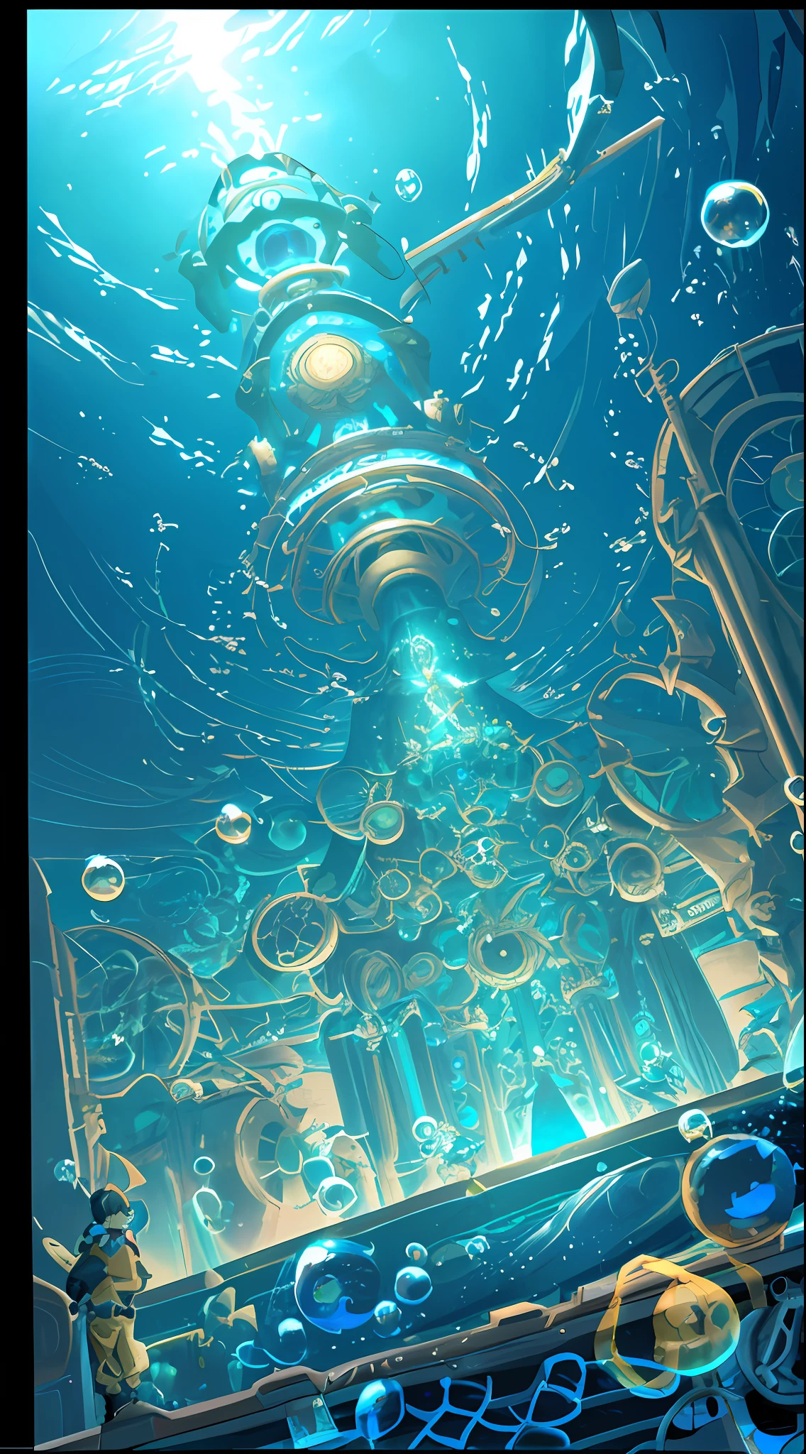 The best quality, the best photos, the details, the mechanical world on the horizontal line and the ((underwater world)) below the horizontal line, mirror symmetrical division, magic perspective, strong contrast, geometric shapes, mechanical creatures, steel, (Bubbles from water bubbles), lights flickering on a dark background. -- v 6