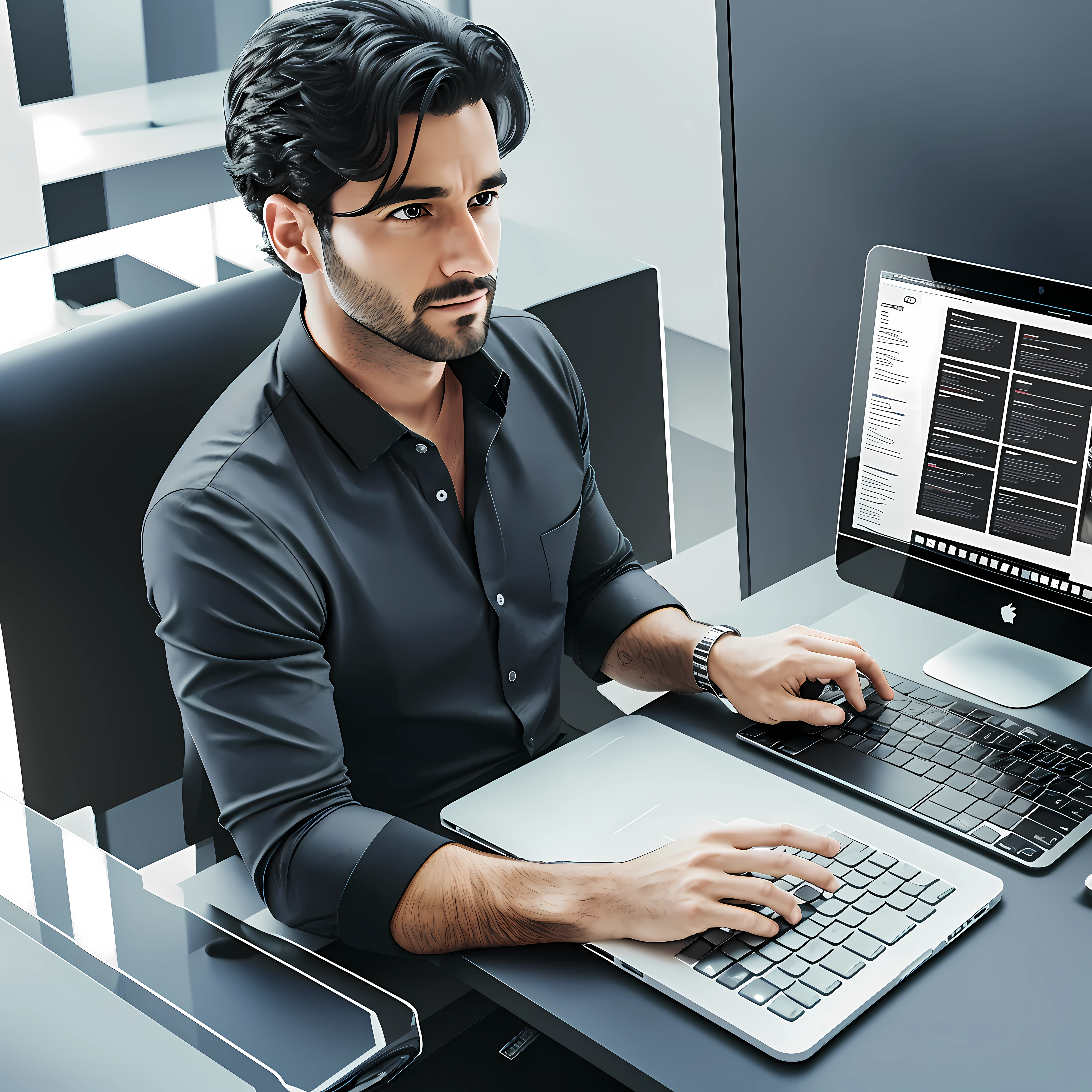 Marketing office with 1 man, 32 years old, creating campaign on MacBook. Ultra realistic image, 4K definition, looking at screen, black hair, black clothing, dark background and strong colors --auto --s2