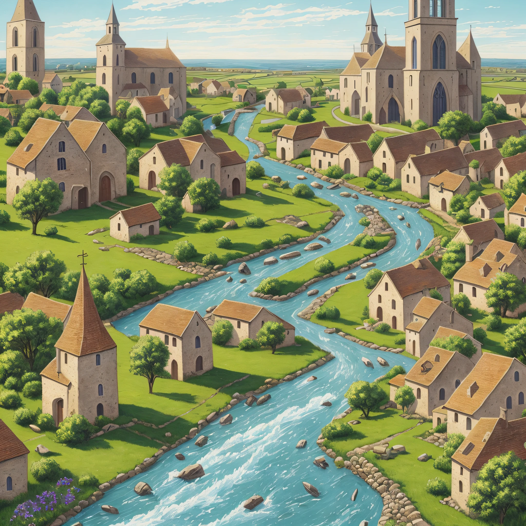 painting of a village with a river and a church, medieval town landscape, medieval village, medieval town, a small medieval village, medieval city, medieval coastal village, french village exterior, medeival fantasy town, quaint village, fantasy town setting, medieval village on the plains, medieval concept art, medieval french landscape, in a medieval city, illustration matte painting --auto --s2