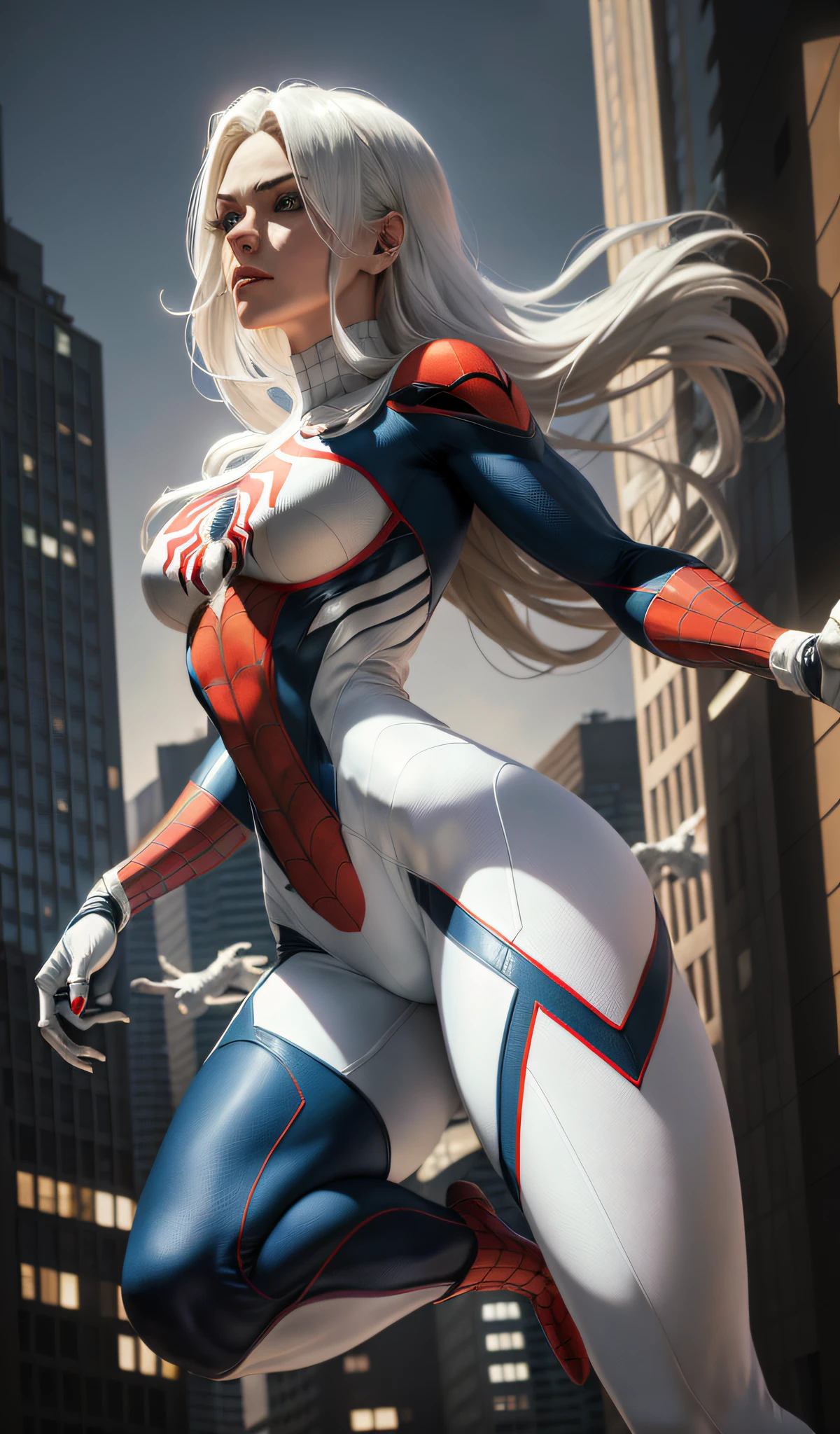 (Masterpiece, 4k resolution, ultra-realistic, very detailed), (White superhero theme, charismatic, there's a girl on top of town, wearing Spider-Man costume, she's a superhero), [ ((25 years), (long white hair:1.2), full body, (blue eyes:1.2), ((Spider-Man pose),show of strength, jumping from one building to another), ((sandy urban environment):0.8)| (cityscape, at night, dynamic lights), (full moon))] # Explanation: The Prompt mainly describes a 4K painting of ultra-high definition, very realistic, very detailed. It shows a superheroine at the top of the city, wearing a Spider-Man costume. The theme in the painting is a white superhero theme, the female protagonist has long white hair, is 25 years old and her entire body is shown in the painting. In terms of portraying the actions of superheroines, spiders are employed