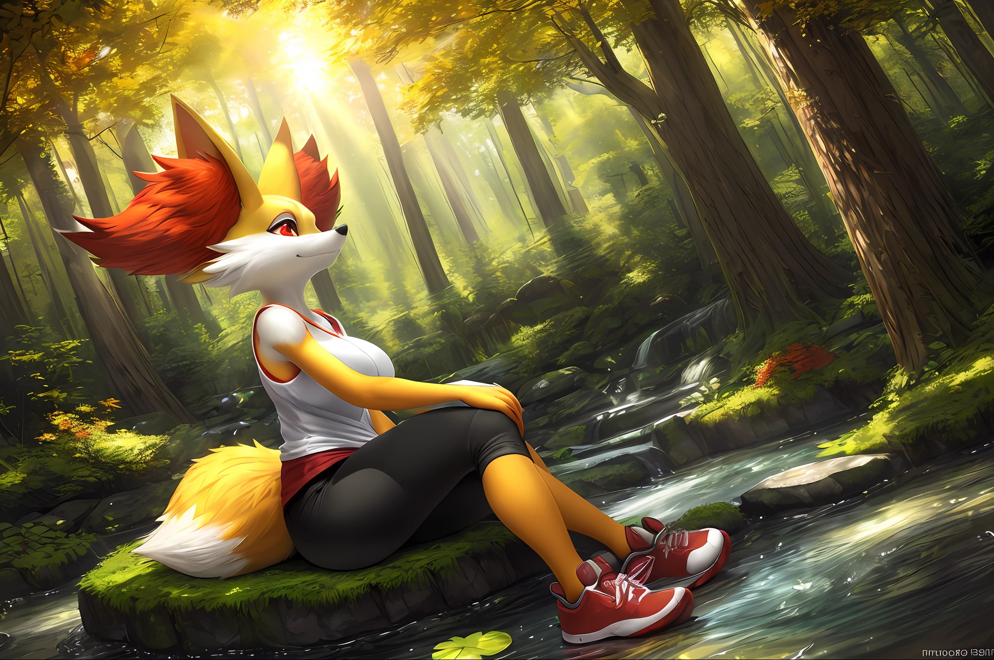 [pokemon; Braixen], [Uploaded to e621.net; (Foxovh), (Pixelsketcher), (mayosplash], ((masterpiece)), ((solo portrait)), ((full body)), ((furry; antrho fox girl)), ((detailed fur)), ((raytracing)), ((detailed shading)), ((beautiful render art)), {(anthro pokemon; braixen); (yellow, red, and black fur, red ear fluff), bright red eyes, pink tank top, large boobs, tight black yoga pants, red sneakers}, (sitting; looking ahead, attractive pose), [background; daytime, trees, sun rays through leaves, pond]