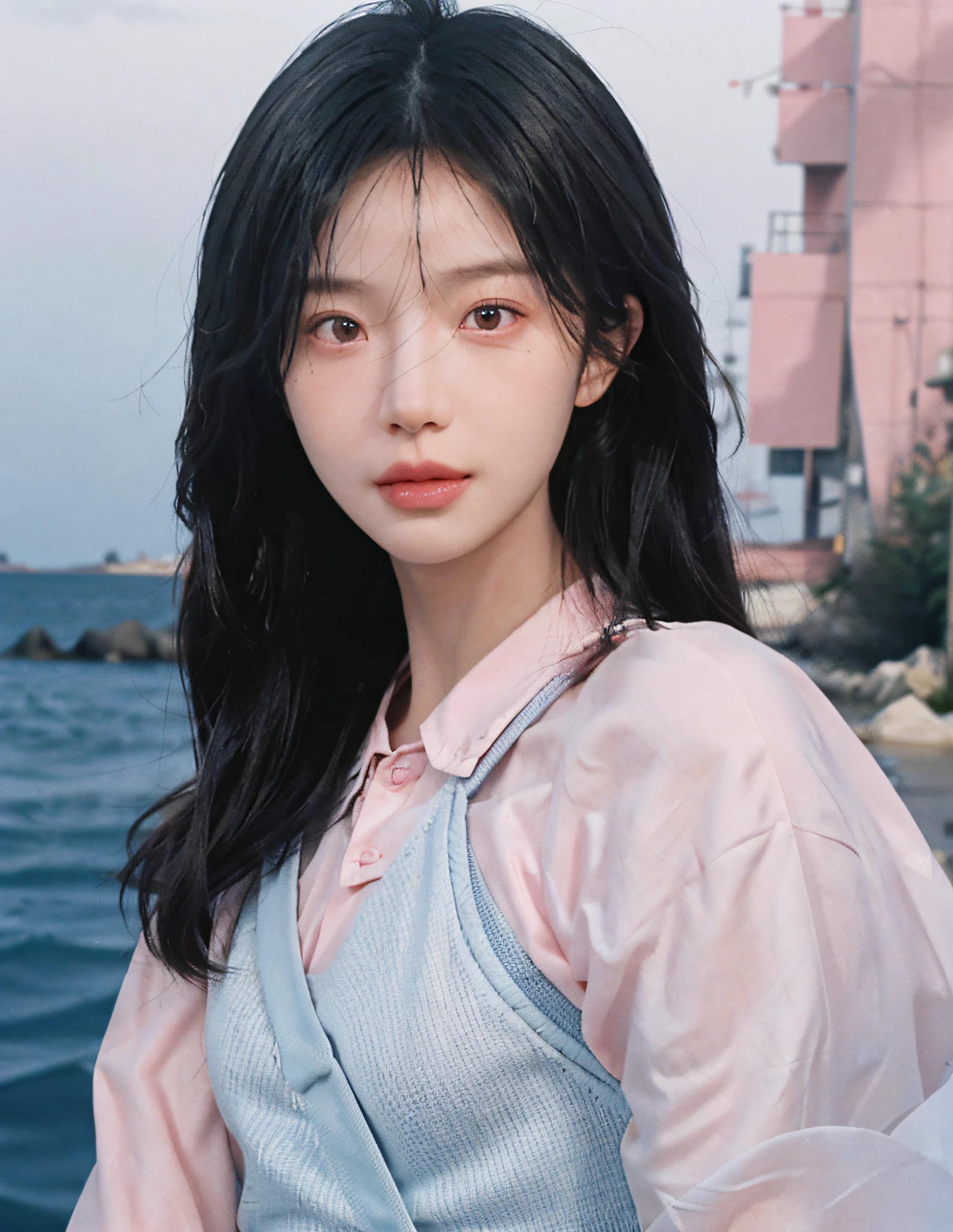 8k, RAW Photo, Best Quality, Masterpiece, High Detail RAW Color Photo, Professional Photo, (Realistic, Photorealistic Photorealism: 1.37), (High Detail Skin: 1.2), High Resolution, Beautiful Detailed Eyes, (Hard Focus: 1.4), (Clear Focus: 1.4), Realistic, (8K UHD:1.2), realistic high-quality shadows, pink pouty red lips, slender face, (wavy hair), semi-top knot, gray-blue wavy hair, pink eye color, suggestive appearance, (extreme face close-up), pov, (((depth of field)), pale and shiny skin, suspenders, 30 years old, buruma, clear water, layers of white clouds, background blur, lens flare, (vignetting: 0.8), dramatic lighting, cinematic lighting, backlighting, professional lighting, Physically based rendering, ulzzang-6500-v1.1, pureerosface_v1.