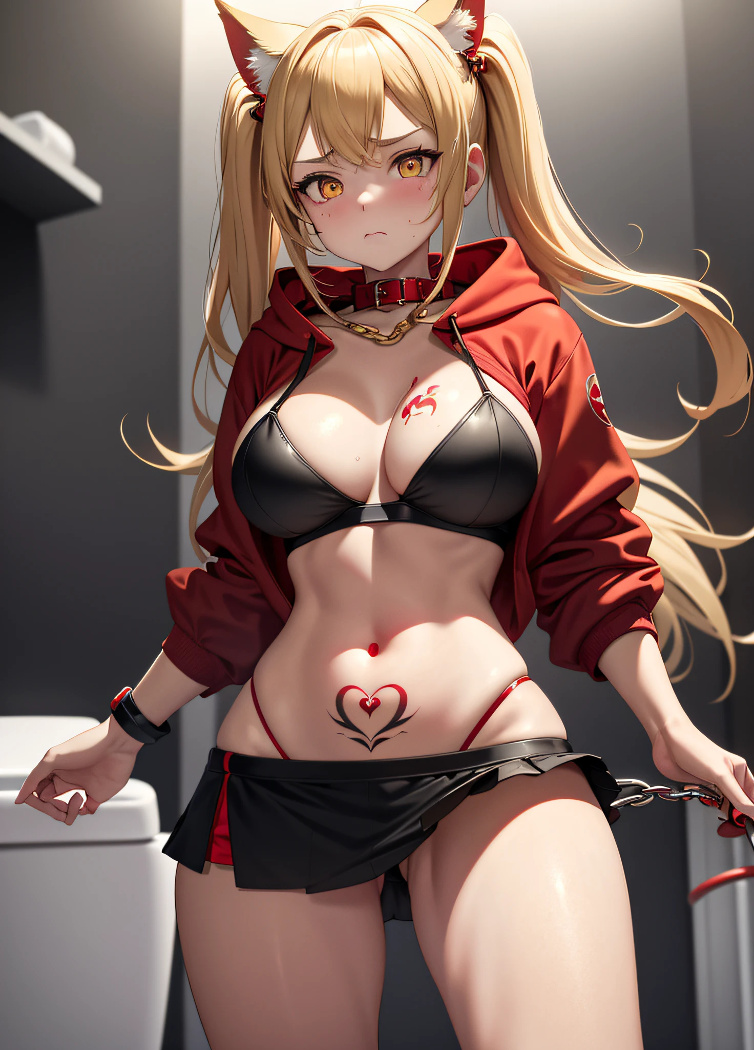 Masterpiece, Best Quality, 1girl, (Young Woman), Solo, Blonde Twin Tails, Big, Thighs, Dog Ears, (((Golden Eyes)), ((Red Collar)), Chain Leash, (Long White Hoodie Flutters Out Her Breasts), (Fluttering Yellow Mini Skirt), (Black Bra), ((Red and Very Large Heart Tattoo Under the Navel)), (embarrassed)), Sweating a lot, ((Red cheeks) ), looking up, buttocks sticking out, back view, ((dirty toilet))