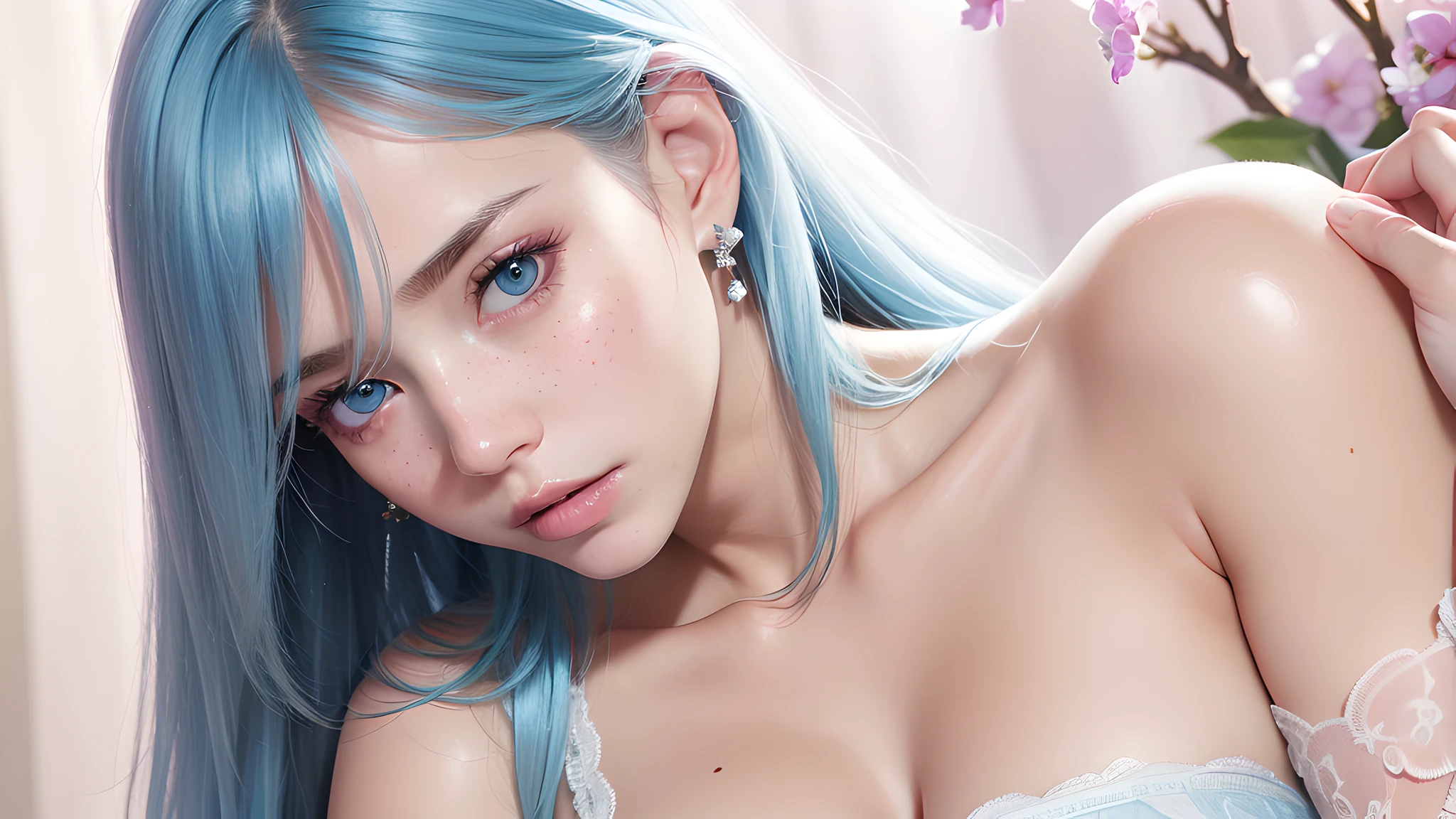 8k, RAW Photo, Best Quality, Masterpiece, High Detail RAW Color Photo, Professional Photo, (Realistic, Photorealism: 1.37), (High Detail Skin: 1.2), High Resolution, Beautiful Detailed Eyes, (Hard Focus: 1.4), (Clear Focus: 1.4), Realistic, (8K UHD: 1.2), Realistic High Quality Shadows, (Short Shoulder-Straight Hair, Beautiful Light Blue Hair) Suggestive Appearance, (Extreme Face Close-up), pov, ((((Depth of Field))), Pale and shiny skin, wearing beautiful and delicate, white lace lingerie, on the chin, visible beads of sweat on the chest, female lace lingerie with lip studs and earrings, a large mole on the left chest, suggestive appearance, F-cup chest, light freckles on the body, moist and shiny lips, (face retains the image of the reference photo unchanged) (extreme face close-up), background warm tones, pink-purple flowers, pov, ((((depth of field)), pale and shiny skin, overall picture warm color style, by Hajime Sorayama