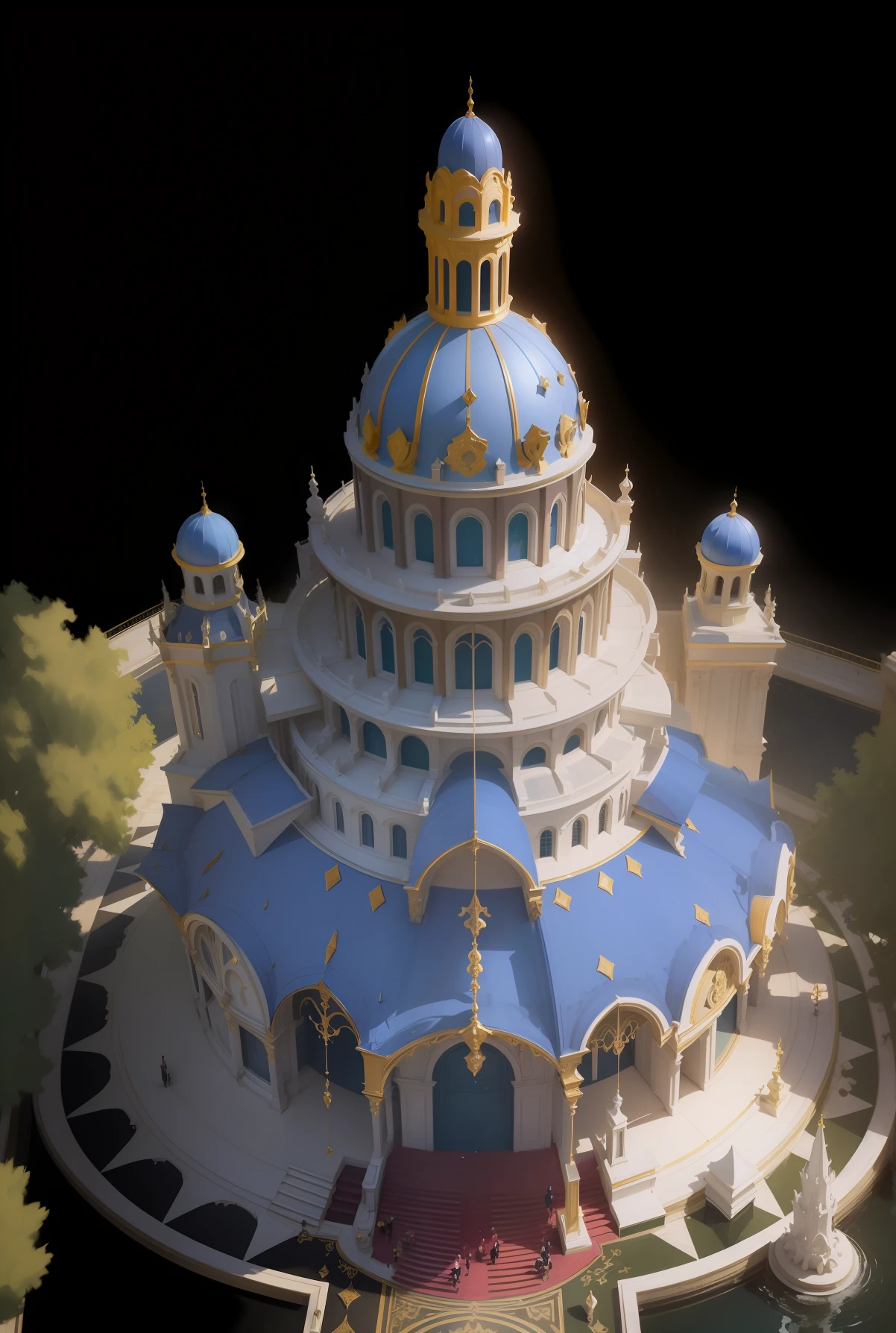 Hall, gorgeous, luxurious, palatial, best quality, mastery of peace), wide-angle lens, a magnificent hall, dripping Gothic opulence, decorated with glittering black jewelry, sinister elegance, (perfect composition, best exhibition, golden ratio), pastel colors, drama, trends in art stations, trends in CGSociety, symmetrical architecture, bright, soft light, bright, daytime, outdoor light, aerial view, high viewing angle, resplendence