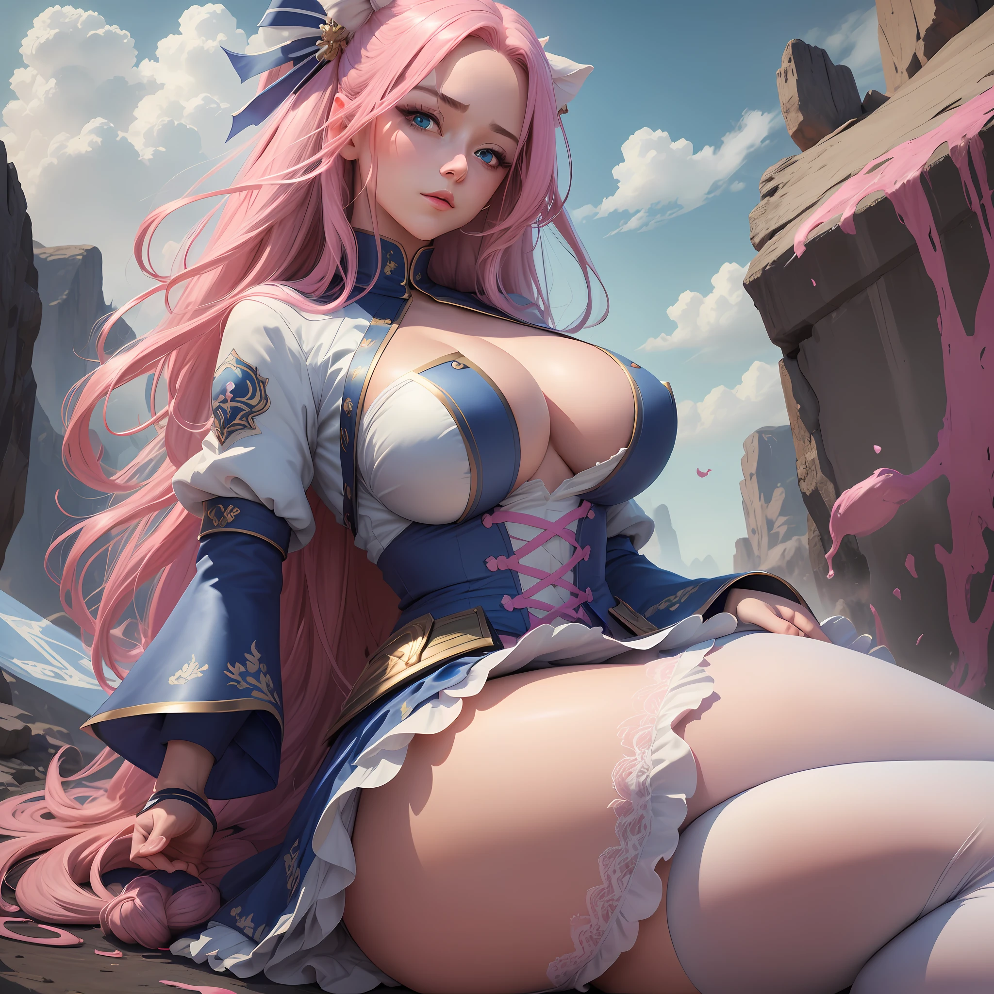 Masterpiece, 4k mobile wallpaper, realistic, sexy woman, dynamic hair, fine pink hair, long straight hair, bow, glowing blue eyes, delicate face and facial features, seductive expression, cute big breasts and big buttocks, fair skin shirt, wearing white stockings, blue wrinkled skirt, epic scenery.