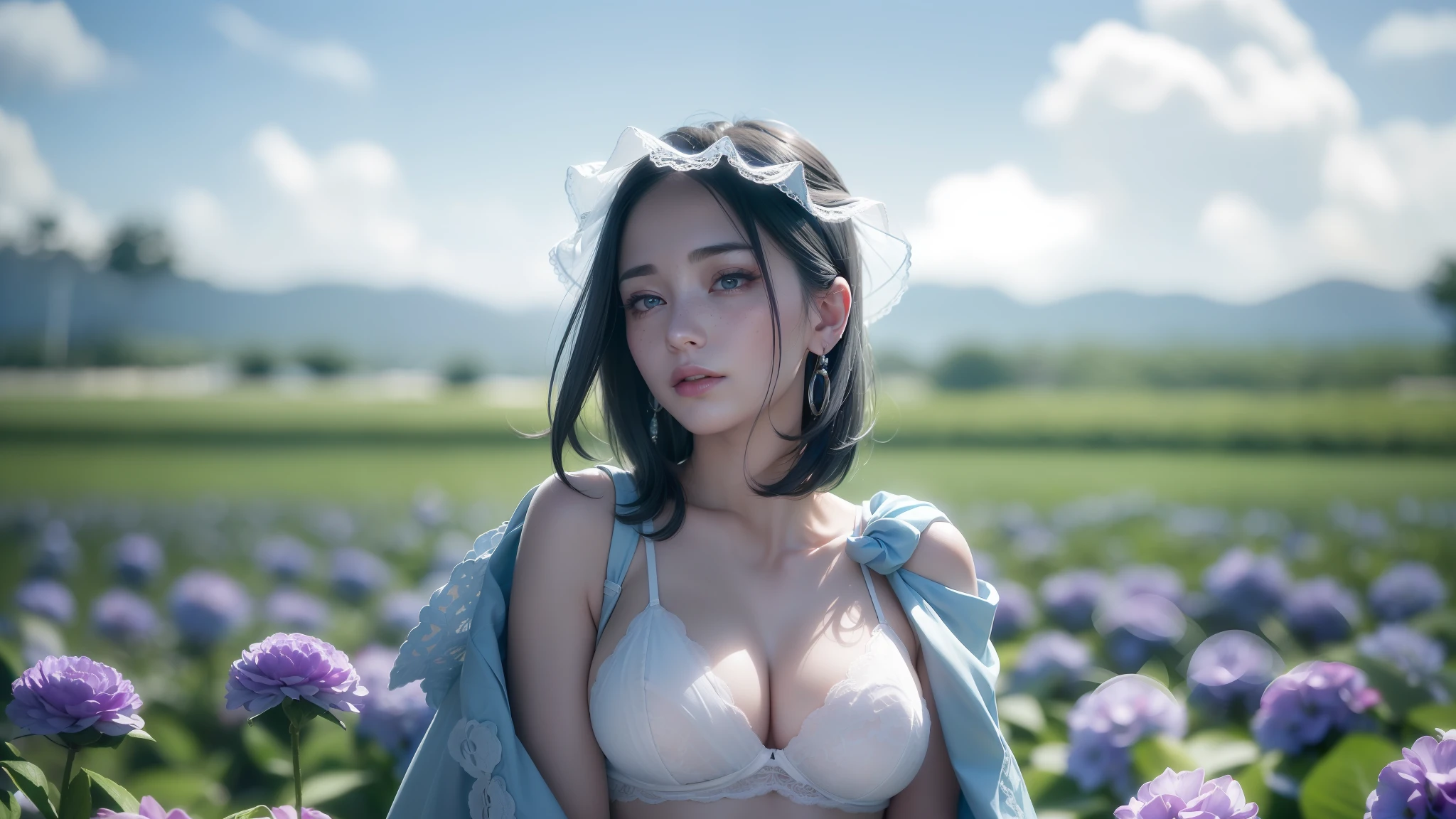 8k, RAW Photo, Best Quality, Masterpiece, High Detail RAW Color Photo, Professional Photo, (Realistic, Photorealism: 1.37), (High Detail Skin: 1.2), High Resolution, Beautiful Detailed Eyes, (Hard Focus: 1.4), (Clear Focus: 1.4), Realistic, (8K UHD: 1.2), Realistic High Quality Shadows, (Short Shoulder-Straight Hair, Beautiful Light Blue Hair) Suggestive Appearance, (Extreme Face Close-up), pov, ((((Depth of Field))), Pale and shiny skin, wearing beautiful and delicate, white lace lingerie, on the chin, visible beads of sweat left on the chest, female lace lingerie with lip studs and earrings, a large mole on the left chest, suggestive appearance, D-cup chest, light freckles on the body, moist and shiny lips, (the face retains the image of the reference photo unchanged) (extreme face close-up), background warm tones, pink-purple flowers, pov, ((((depth of field)), pale and shiny skin, overall picture warm color style, by Hajime Sorayama