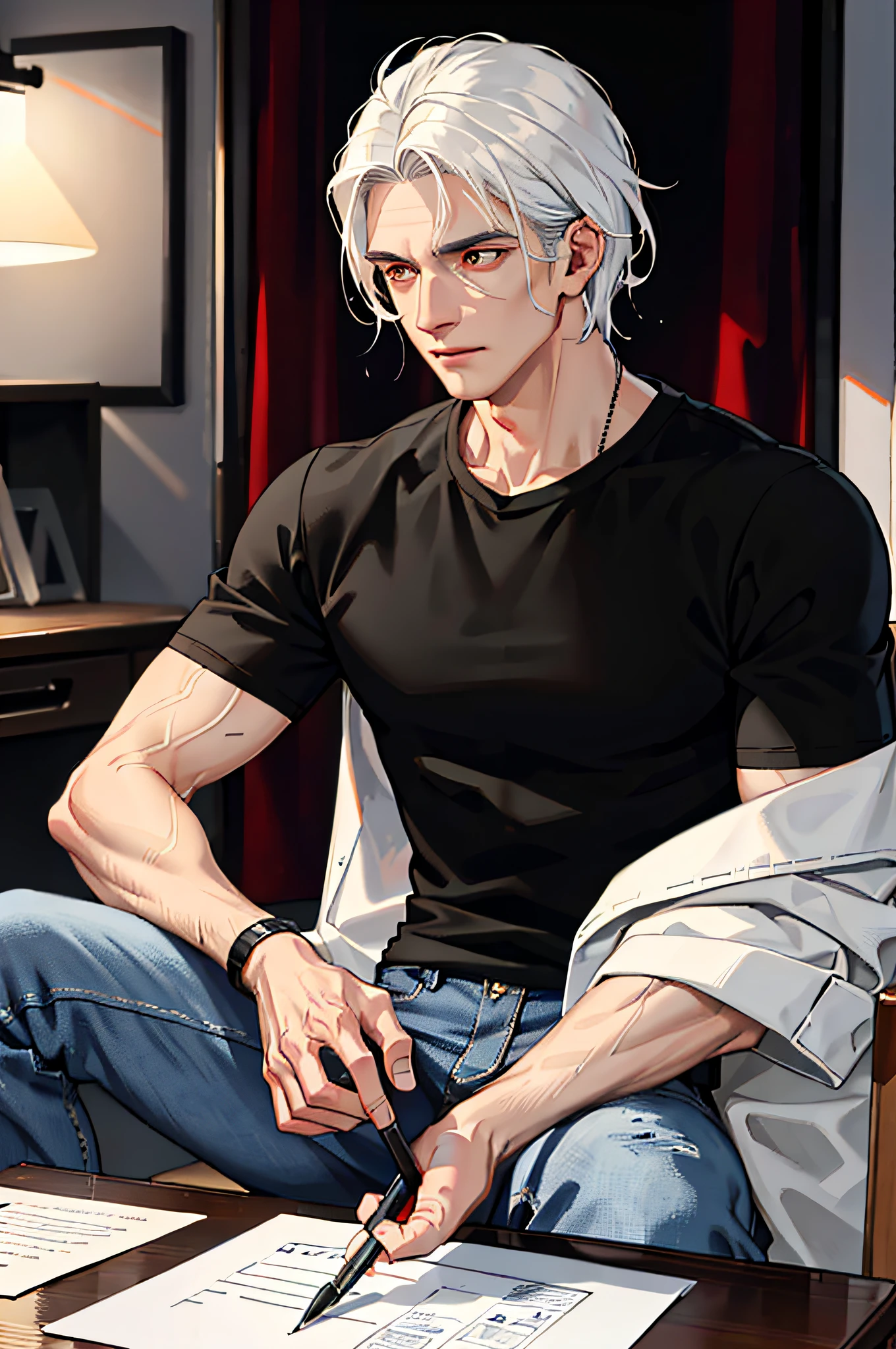 (((evening evening)) The background is dim, the light is weak, the man has some cold sweat on his face, sitting at the desk in the room, holding a pencil, drawing a machine figure on white paper, under the yellow light, high quality, best quality, beautiful, HD, realistic, perfect lighting, detailed face, detailed body, 1 man, (white hair), red eyes, masculinity, (savage), black t-shirt, jeans, 4k, 8k, 16k