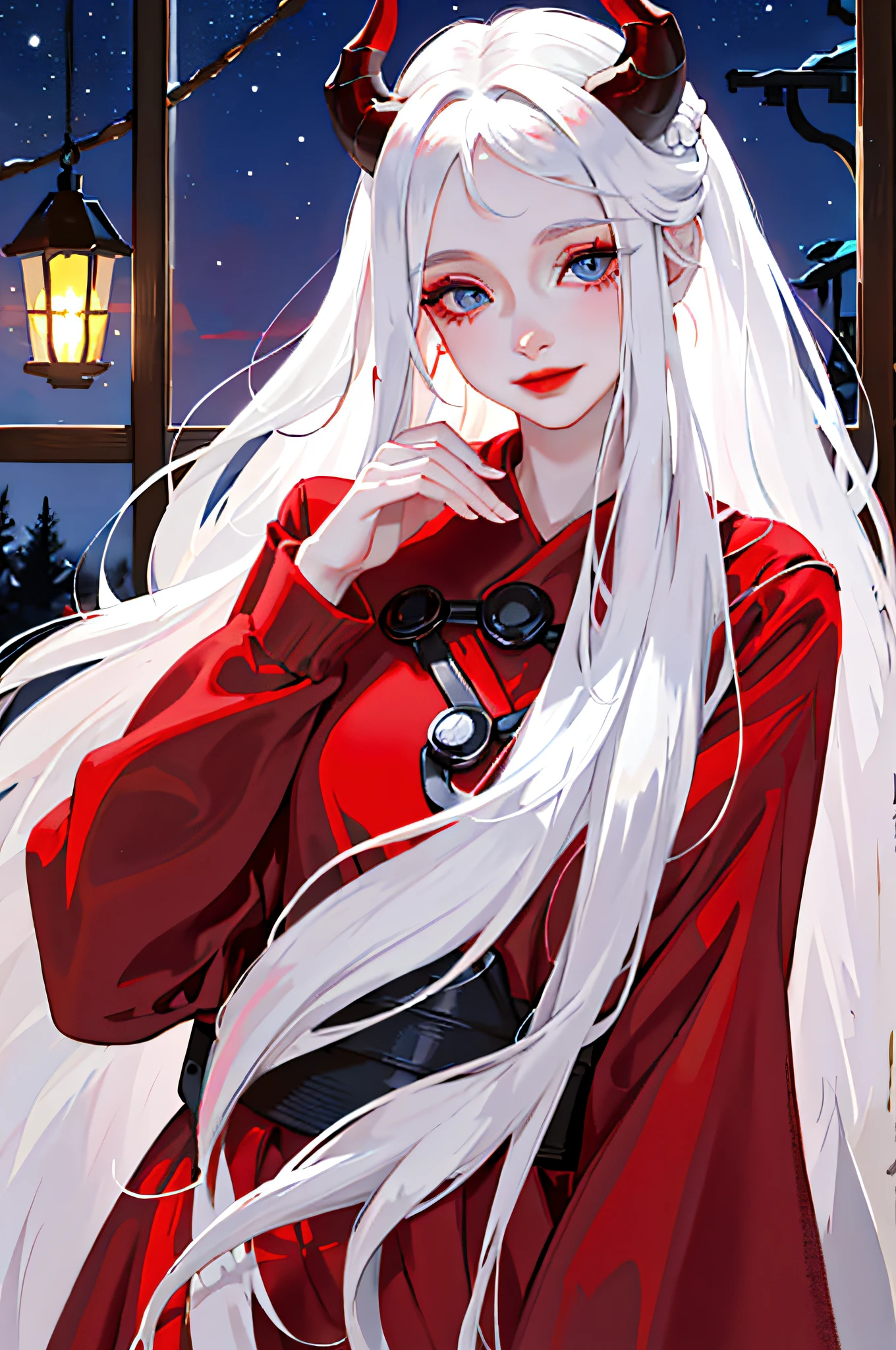 The eyes are full of warmth, full of seduction, red lips slightly raised, (long white hair, a small red devil horn on the head, light blue eyes), night view at night, indoor cabin, ((woman slightly tilts her head, combing her hair hanging down with her hands)), smile, camera in front of people, beautiful face, excellent quality, blurred background