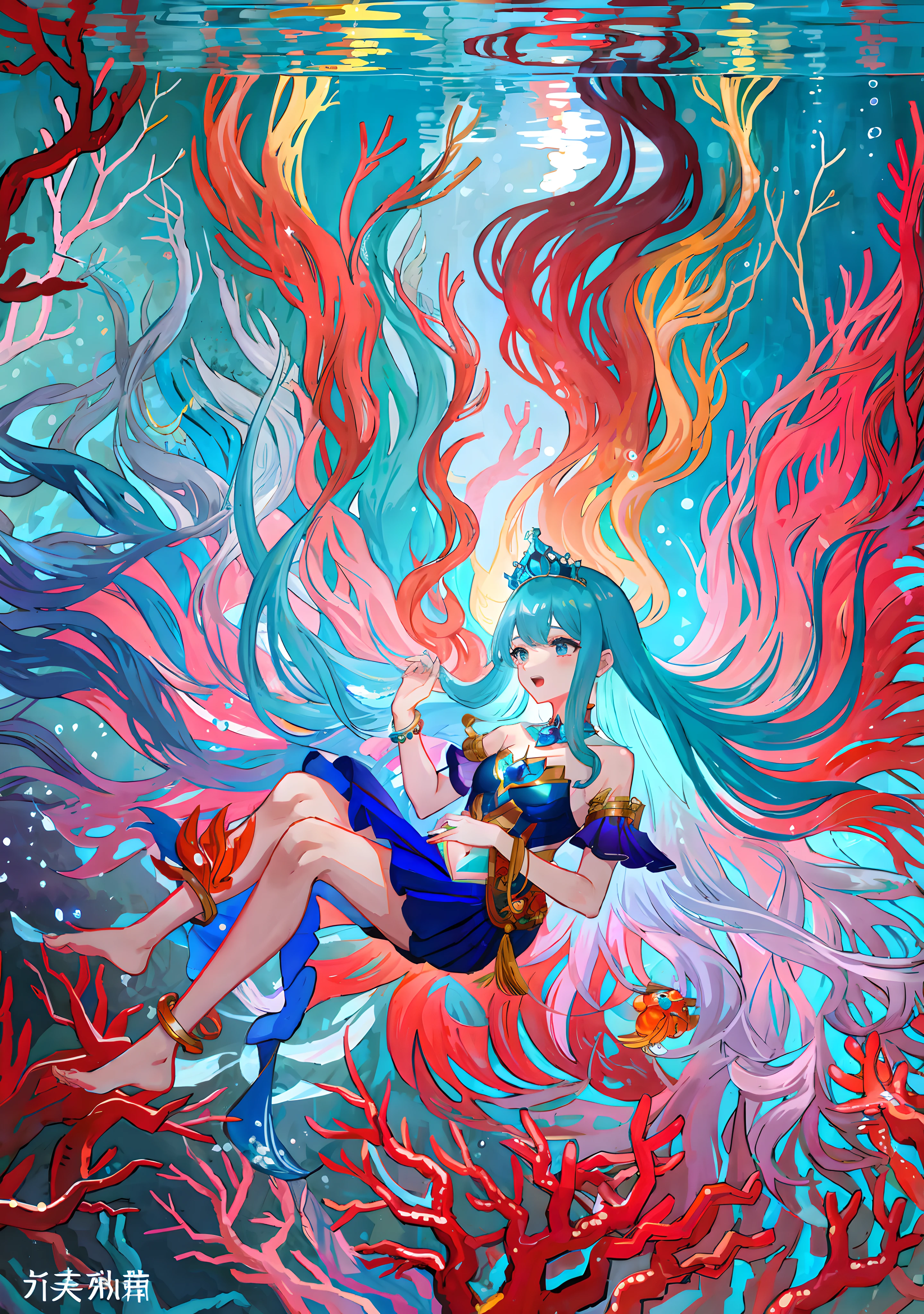 Complete Hand, Ocean, (Leaky Navel Suit), Blue, Delicate Facial Features, Girl, Open Mouth, Bracelet, Suspended Glowing Ball, Colorful Underwater World, Bubbles, Highlight, Benthic Animal, Long Hair, Skirt, Redemption, Abyss, Coral, Palace Chijun illustration style, masterpiece, super detail, high quality, high detail, best quality --auto --s2