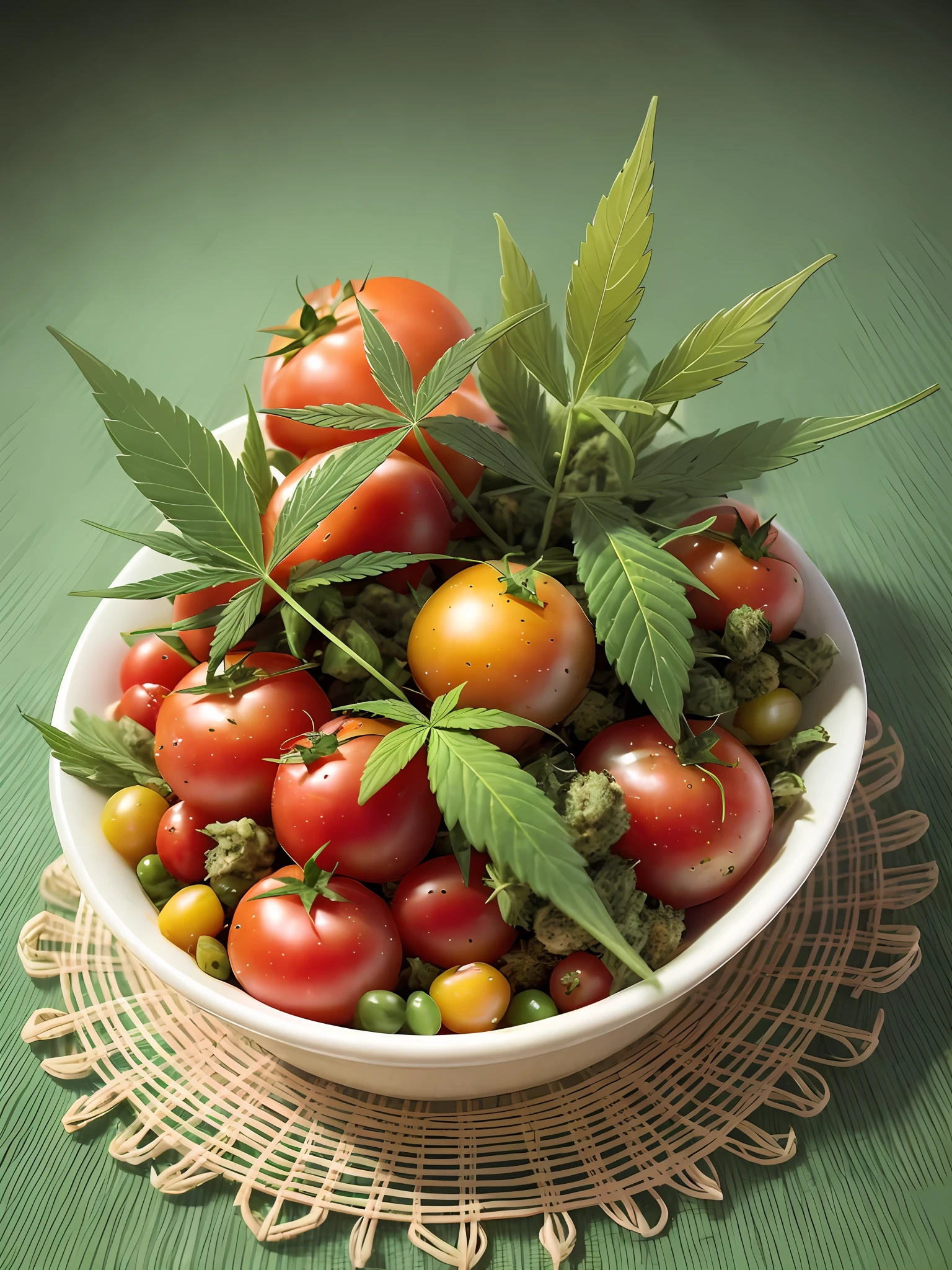 Tomato salad with lots of marijuana leaves, high quality, WEED, Kush, cannabis, buds