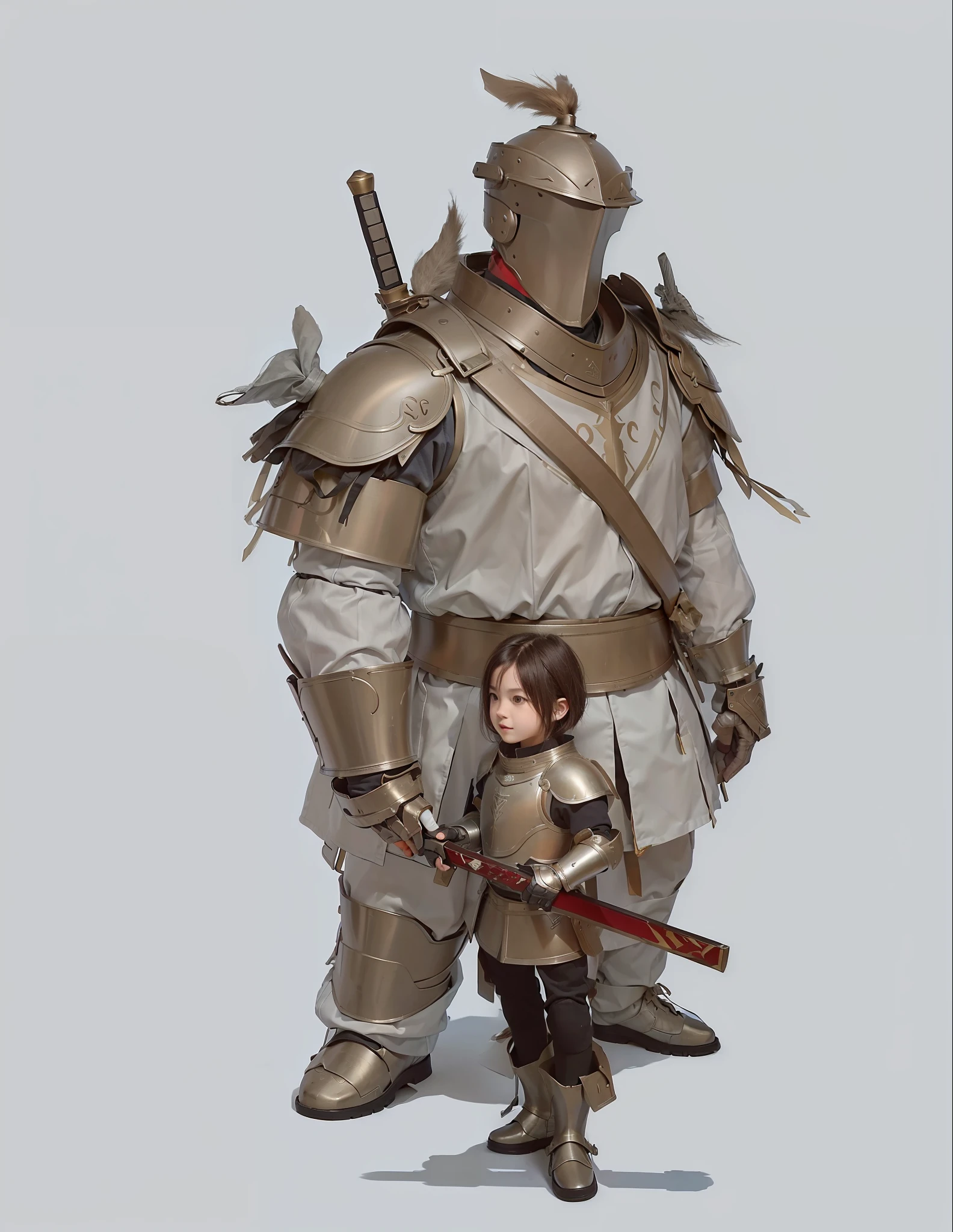 Masterpiece, best quality, Full HD 8k quality ultra-high resolution, (Realisticity: 1.4), Big Armor Man and Little Girl (Big Armor Man covers face) Sword drawing action Capable dark gray short hair Brown leather boots and gloves Serious expression Pigeon on the man in big armor Sword on the back Armor man clothes linen,