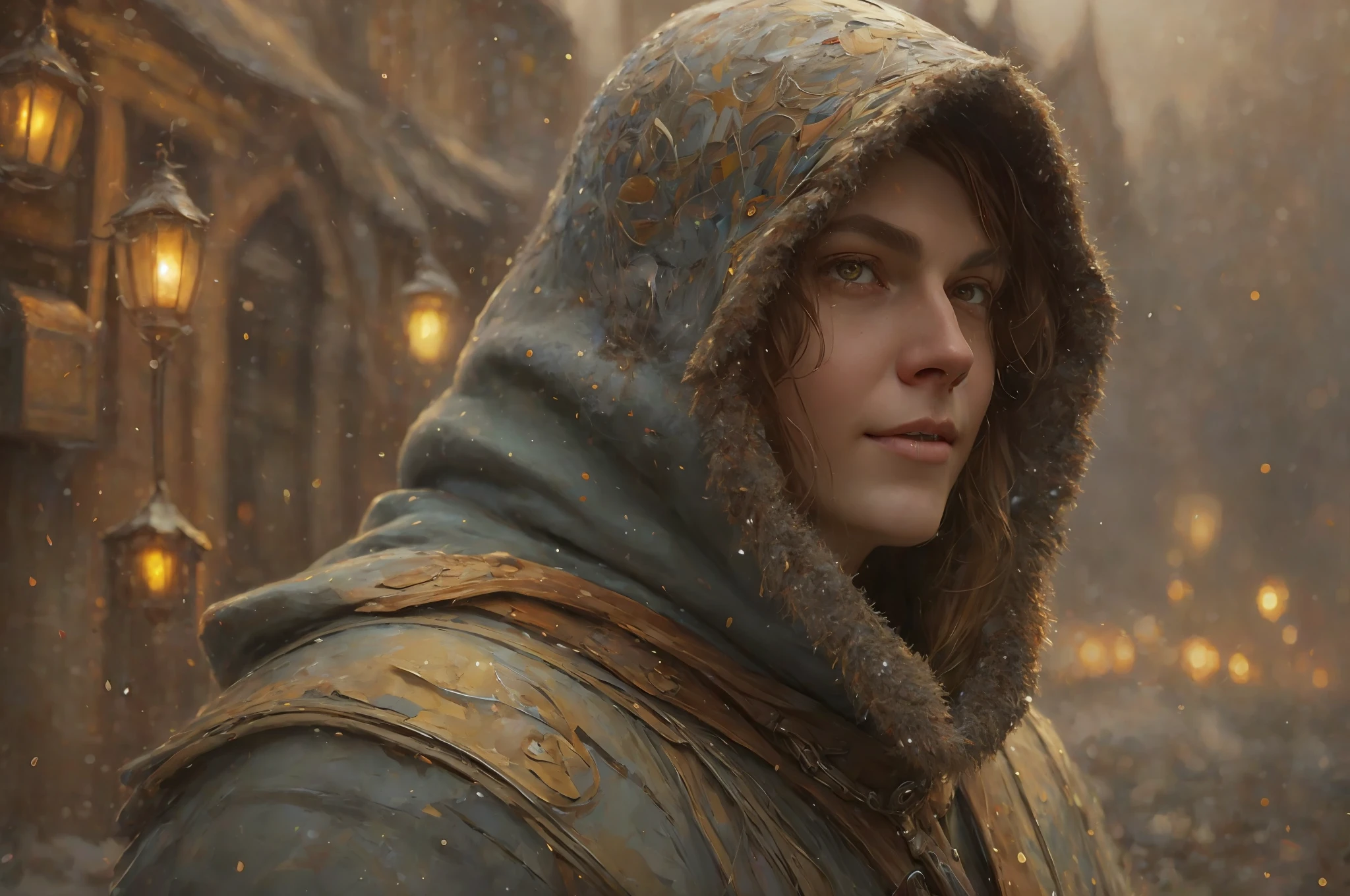 a close up of a person in a hoodedie with a hood on, inspired by Igor Kieryluk, painted by andreas rocha, wojtek fus, winter concept art, stefan koidl inspired, digital character painting, artwork in the style of guweiz, character art closeup, by Han Gan