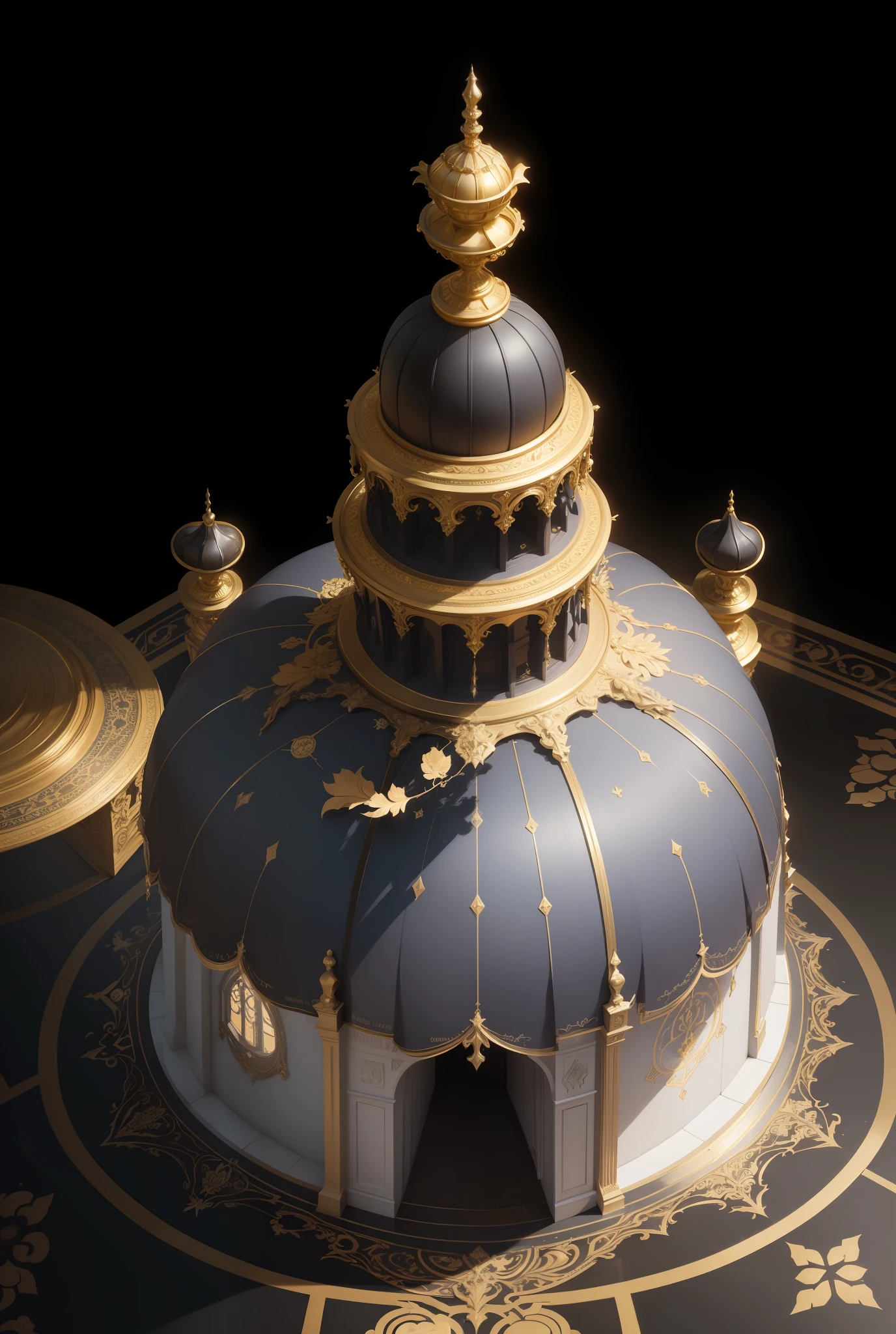 Hall, gorgeous, luxurious, palatial, best quality, mastery of peace), wide-angle lens, a magnificent hall, dripping Gothic opulence, decorated with glittering black jewelry, sinister elegance, (perfect composition, best exhibition, golden ratio), pastel colors, drama, trends in art stations, trends in CGSociety, symmetrical architecture, bright, soft light, bright, daytime, outdoor light, aerial view, high viewing angle, resplendence