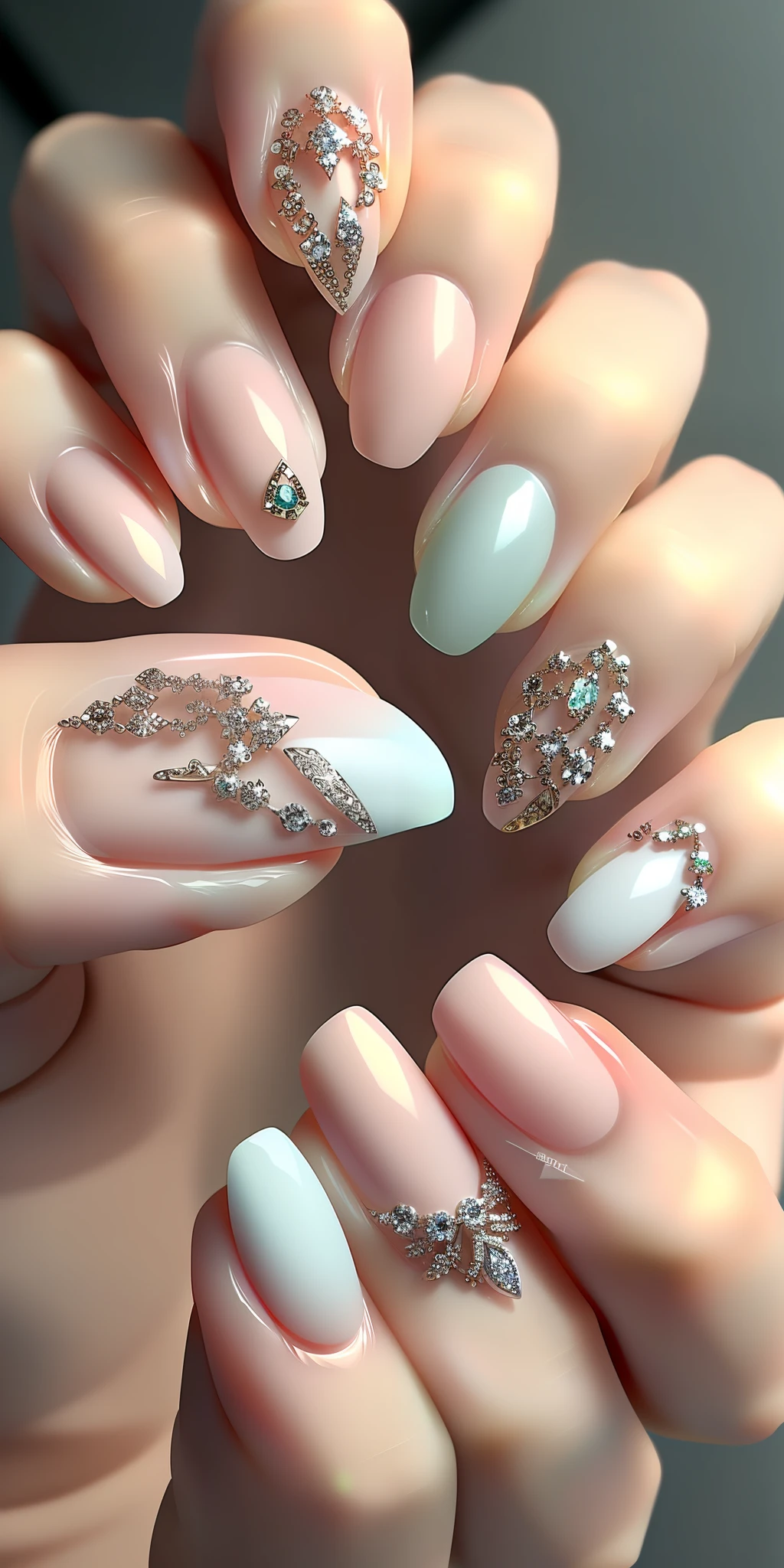 Gold nails and gemstones close up. nail polish, fashion accessories, imaginative creativity, high quality details