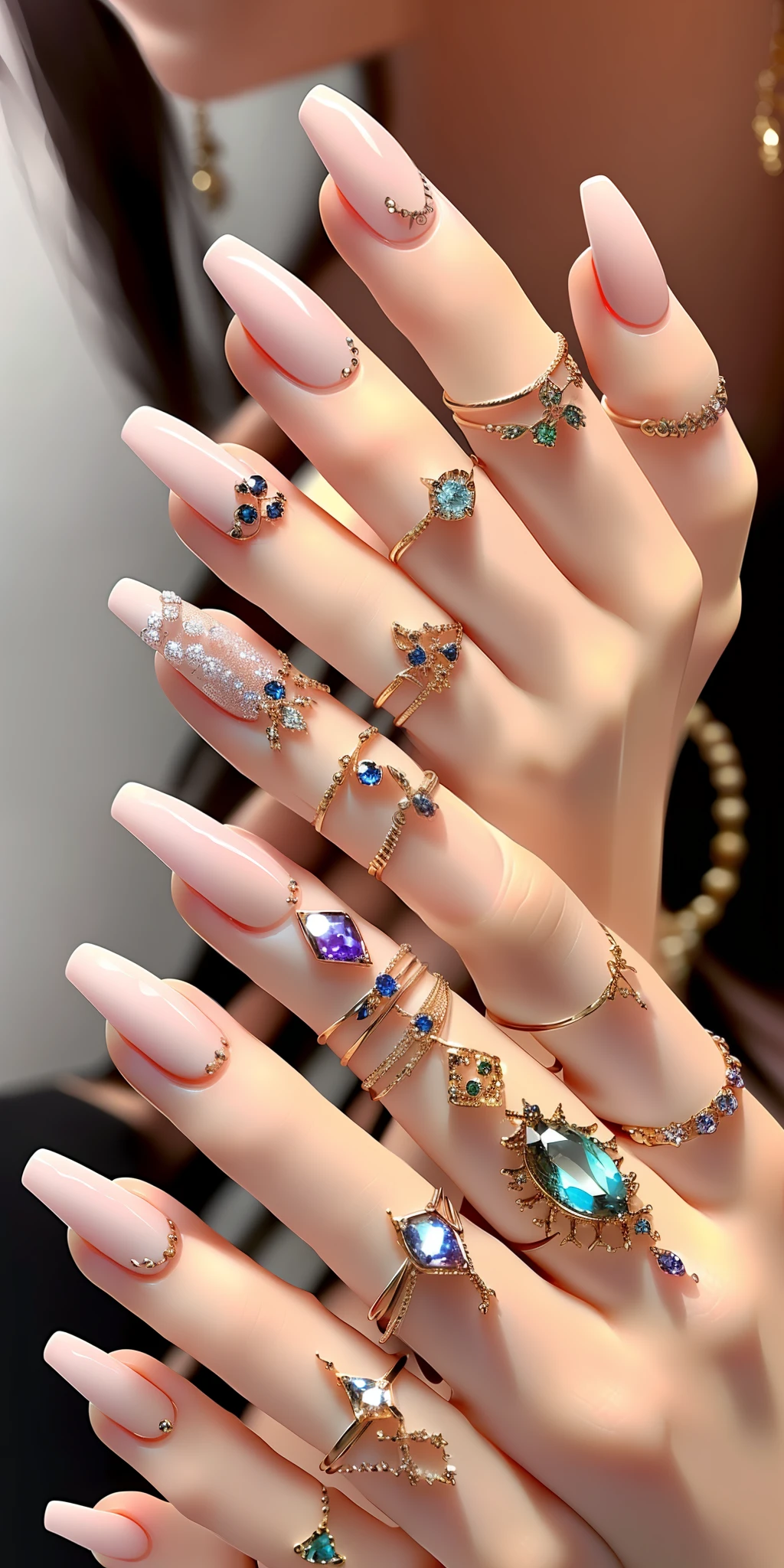 Gold nails and gemstones close up. nail polish, fashion accessories, imaginative creativity, high quality details