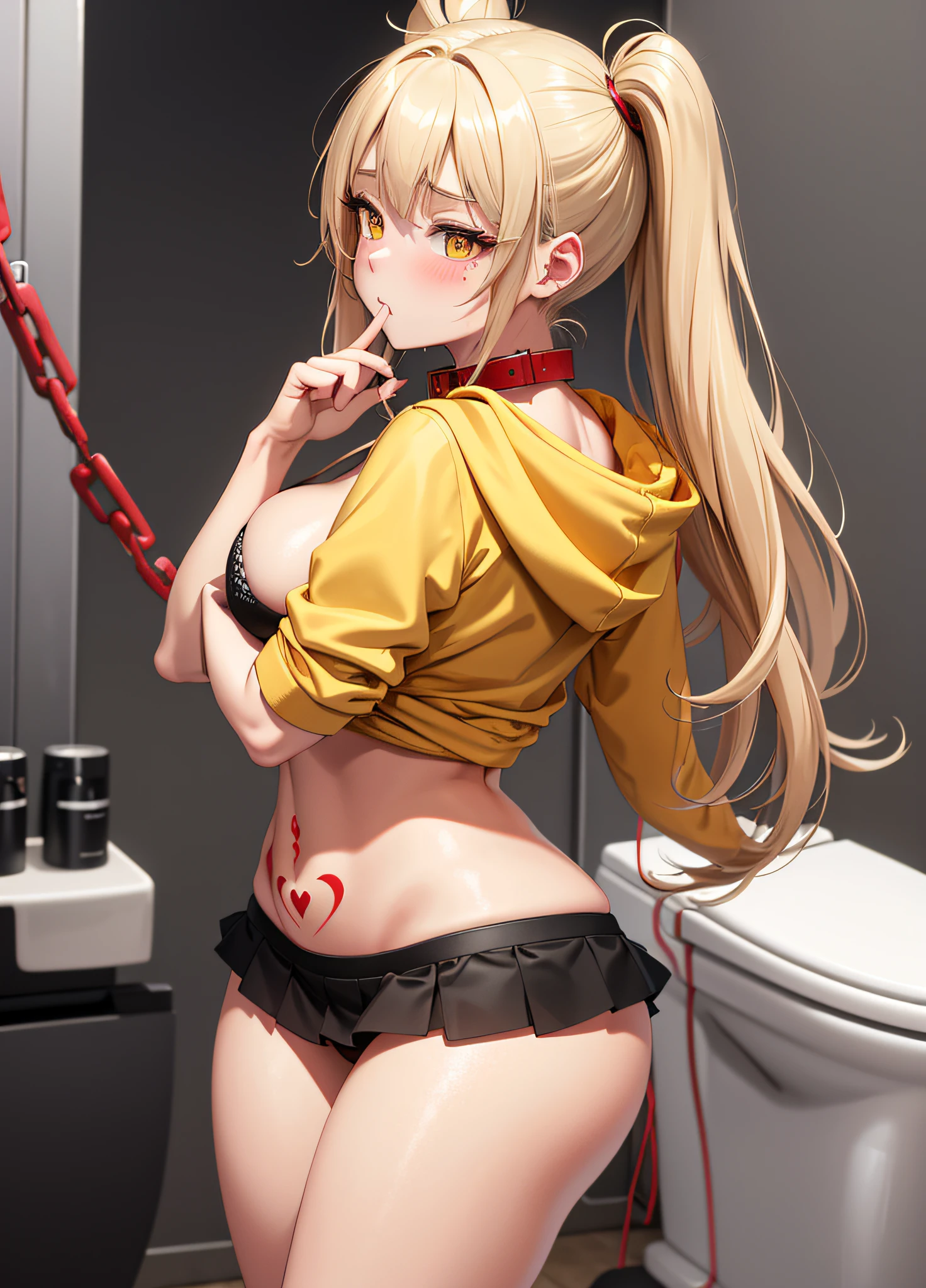 Masterpiece, Top Quality, 1girl, (Young Woman), Solo, Blonde Twin Tails, Big, Thighs, Dog Ears, ((Golden Eyes)), ((Red Collar)), Chain Leash, (Long White Hoodie Fluttering Breasts), (Fluttering Yellow Mini Skirt), (Black Bra), (Red and Very Large Heart Tattoo Under the Navel)), (embarrassed)), Sweating a lot, (( Cheeks are red)), looking up, buttocks sticking out, back view, ((dirty toilet))