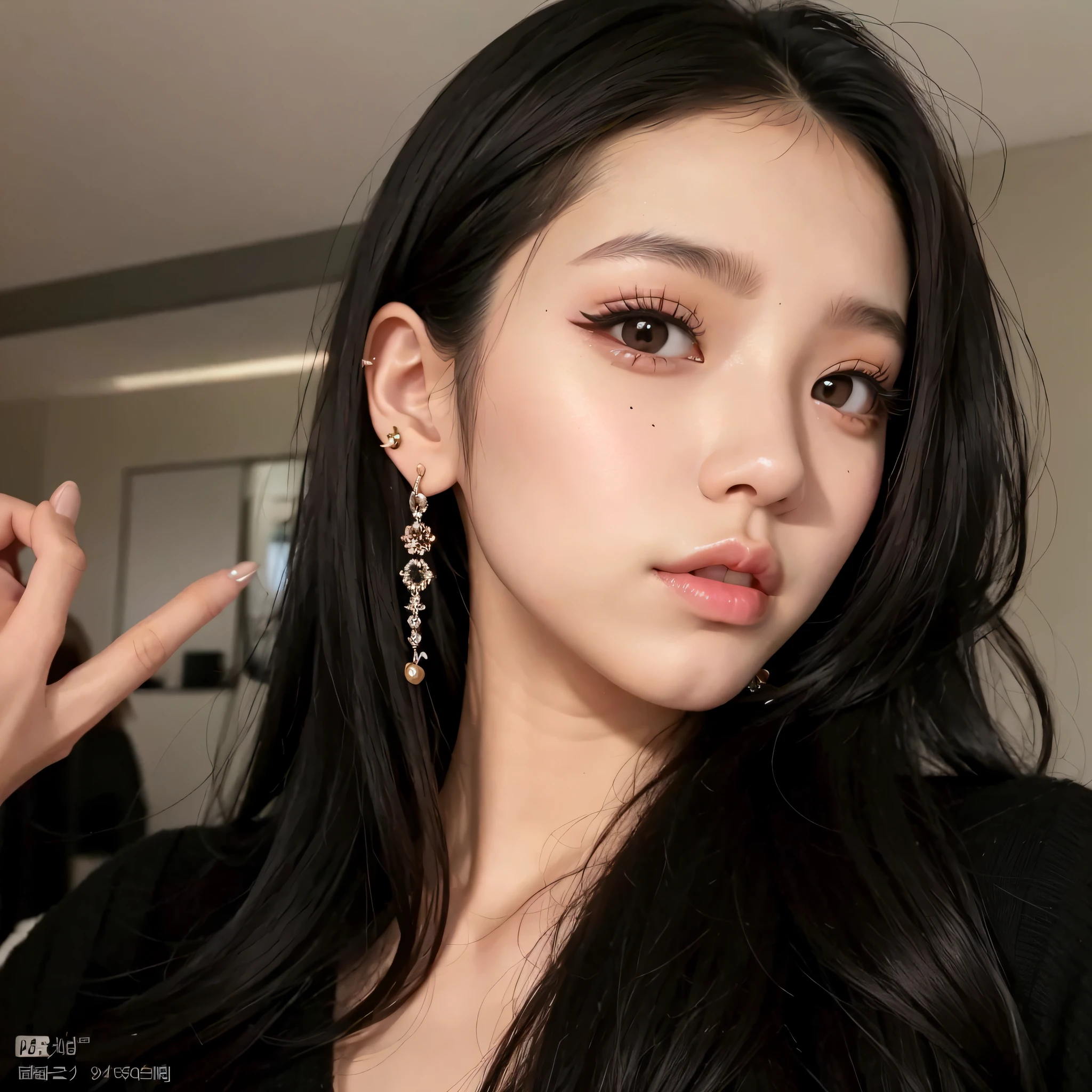 Close-up of a woman with long black hair wearing earrings, popular korean makeup, pop korean makeup, ulzzang, wan cute korean face, kim young shin, earrings, young cute korean face, gorgeous young korean woman, portrait of Jisoo Blackpink, beautiful korean young woman, Dilraba Dilmurat, beautiful korean woman, Jisoo from Jisoo by BlackPink. Wearing cold tan glasses, frames, glasses,