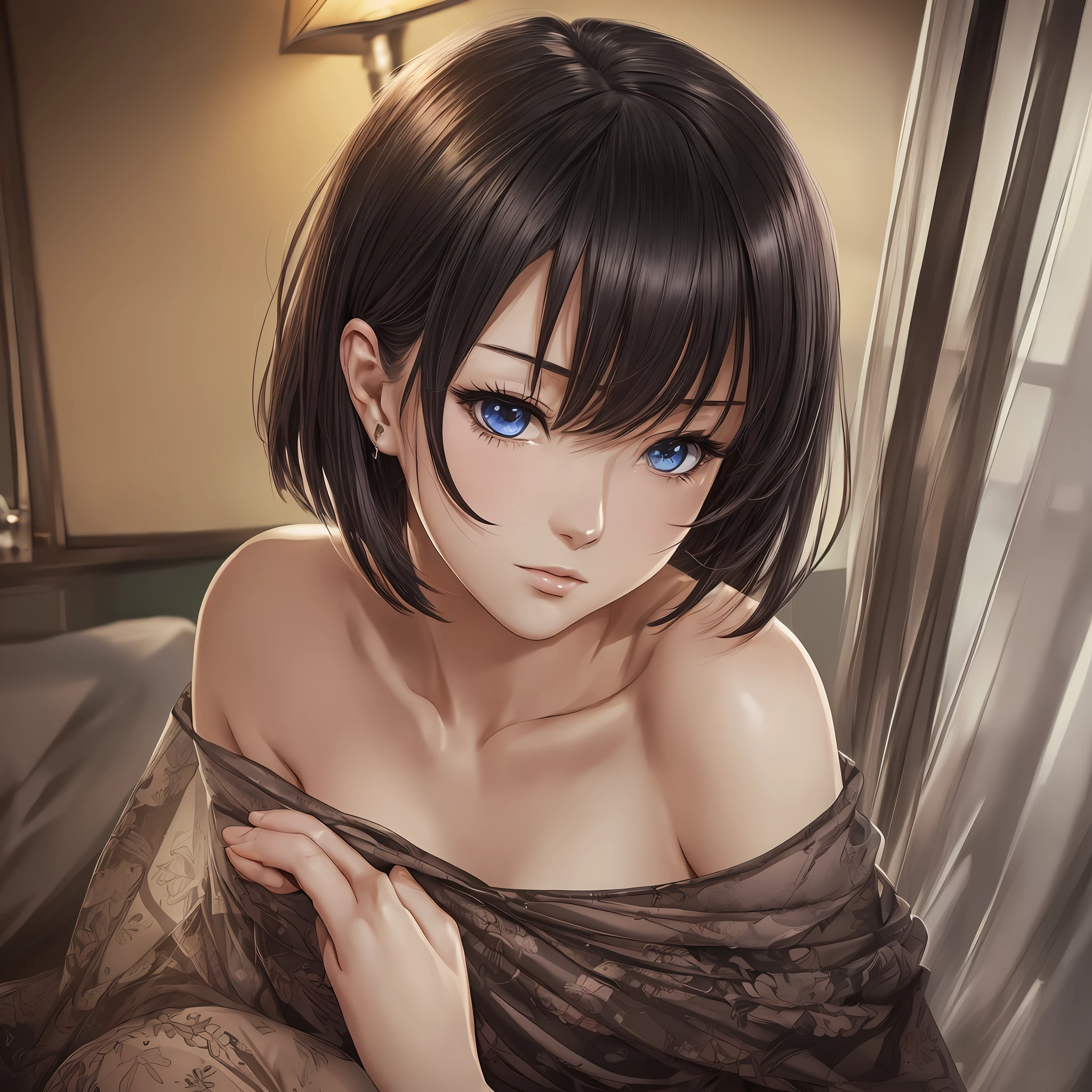 animated, cel shading, absurdres, showa, top quality, (masterpiece: 1.3), high definition, viewfinder, high_resolution, distinct_image, professional animation, highly detailed, sexy, slender, small waist, nude,,, high definition, super detailed, Japan anime, highest quality, Very delicate and beautiful illustration, (one woman), (cover, perfect anatomy, full body, (short hair), black hair, (slim legs), complex hair, detailed eyes, (downcast eyes), black pupils, moles at the corner of the right eye, small mouth, half-open mouth, sweat, moist, skin, flushed, chest, upper eyes, small breasts, frontal, Japan woman, expressionless, ennui, ecstatic, nymphomaniac, loneliness, sexual sensation, Moeka_Kiryu\( STEINS; GATE\), Moe Kiryu, looking at viewer, head_tilt, official art, beautiful detailed background, (very delicate and beautiful illustration), depth of field, bokeh, retro, hotel, western room, dim, on bed, sheets --auto --s2