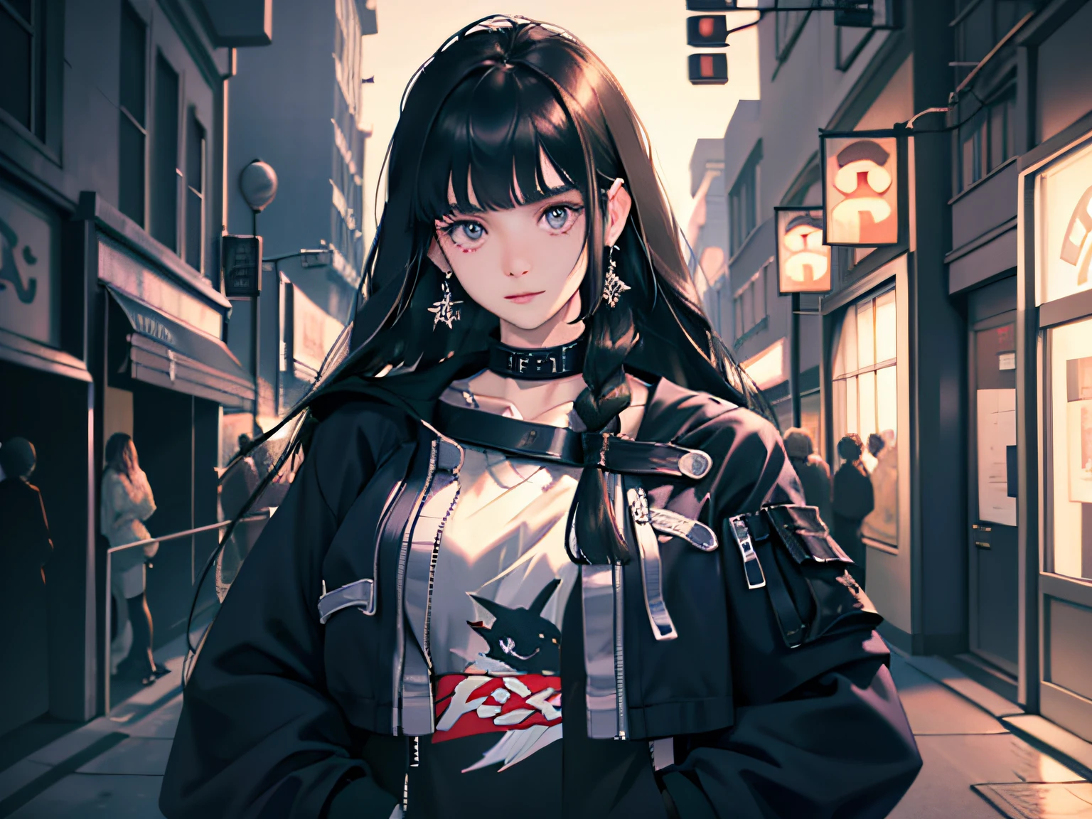 Young woman 25 years old: 1.3, Long black hair: 1.2, Casual wear: 1.2, Daytime: 1.2, On the street: 1.2, Film lighting, Surrealism, UHD, ccurate, Super detail, textured skin, High detail, Best quality, 8k