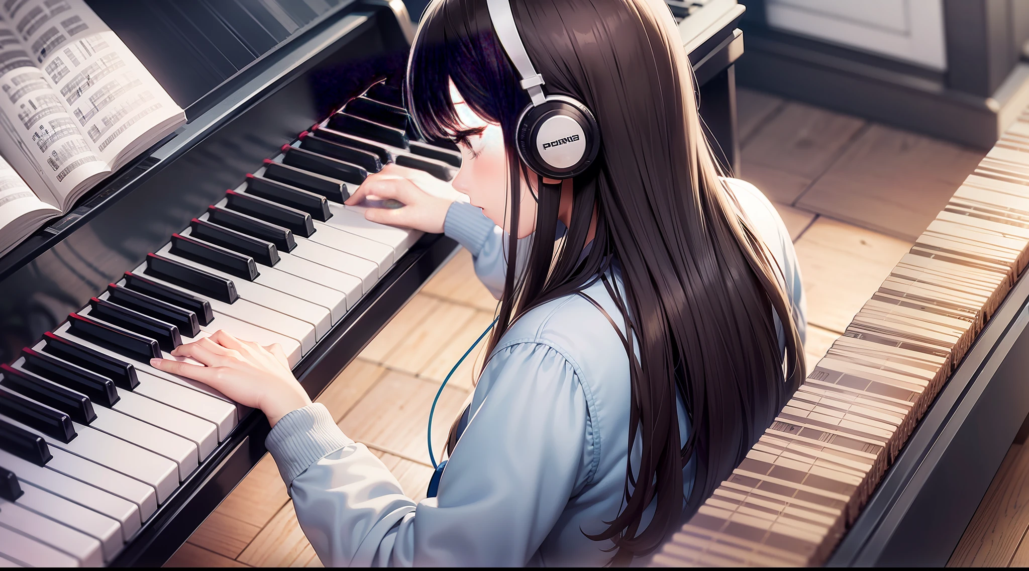 playing the piano, perfect composition, wearing headphones,