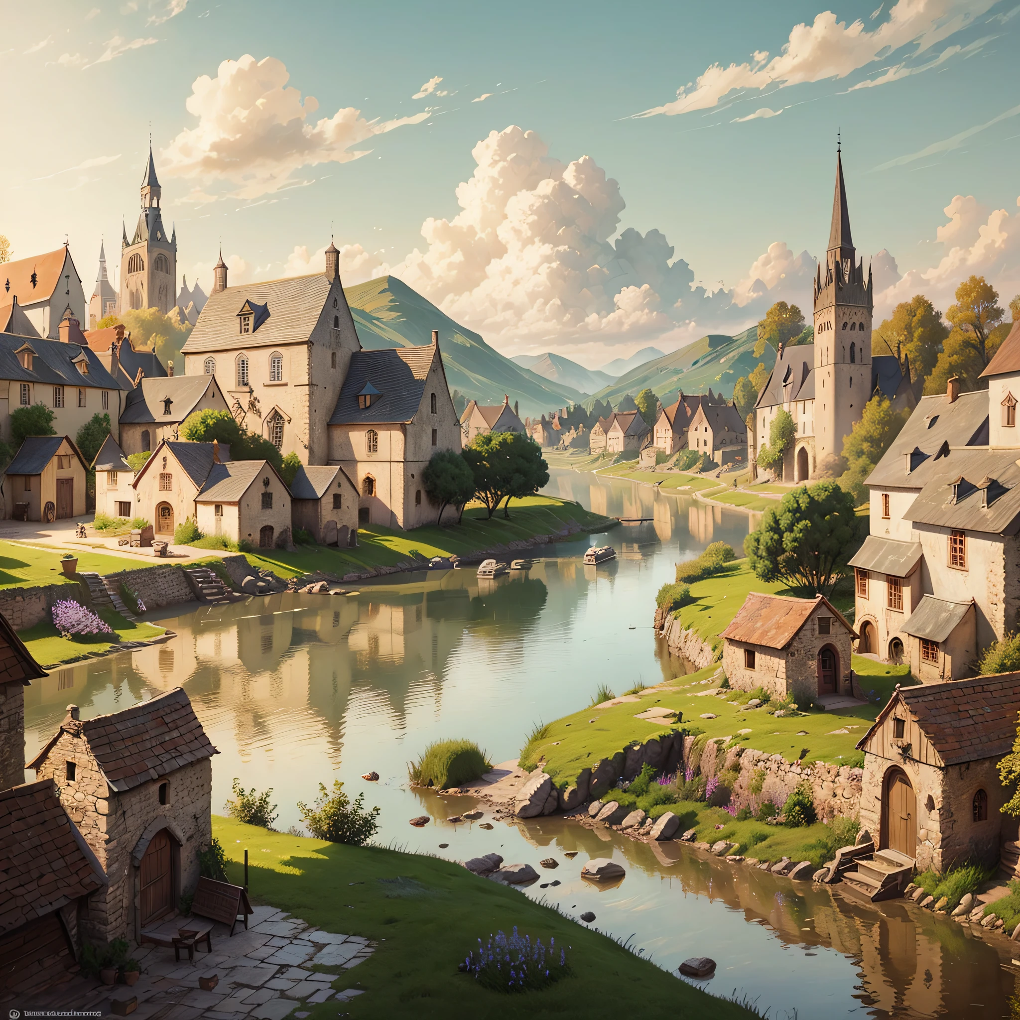 Painting a village with river and church, medieval town landscape, medieval village, medieval town, medieval hamlet, medieval city, medieval coastal village, European medieval village appearance, medieval fantasy town, quaint village, fantasy town setting, medieval village on the plain, medieval concept art, medieval French landscape, city in the middle ages, illustrated matte painting --auto --s2