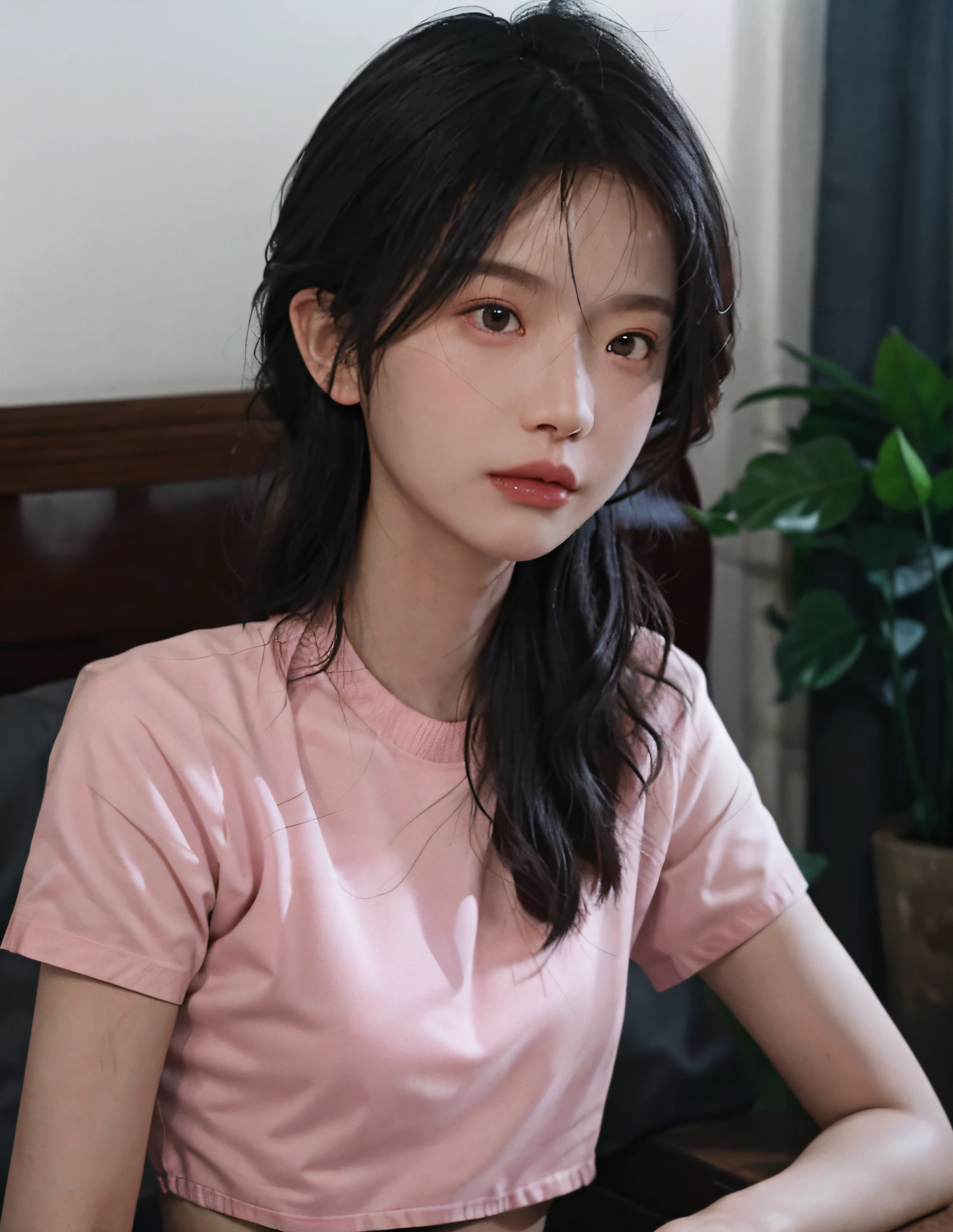 8k, RAW Photo, Best Quality, Masterpiece, High Detail RAW Color Photo, Professional Photo, (Realistic, Photorealistic Photorealism: 1.37), (High Detail Skin: 1.2), High Resolution, Beautiful Detailed Eyes, (Hard Focus: 1.4), (Clear Focus: 1.4), Realistic, (8K UHD:1.2), realistic high-quality shadows, pink pouty red lips, slender face, full, (wavy hair), half top knot, gray-blue wavy short hair, sapphire eye color, suggestive appearance, (extreme face close-up), pov, ((depth of field)), pale and shiny skin, crop top t-shirt, 30 years old, buruma, Maldives seaside, white clouds, background blur, lens flare, (vignetting: 0.8), dramatic lighting, cinematic lighting, backlighting, Professional lighting, physically based rendering, ulzzang-6500-v1.1, pureerosface_v1.