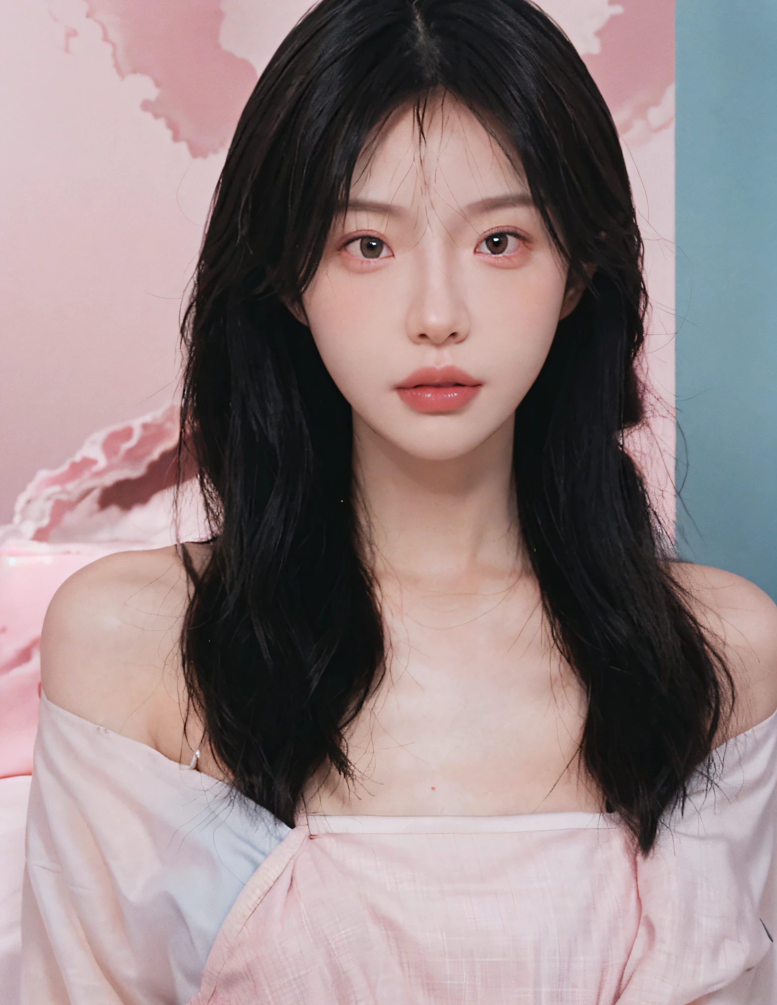 8k, RAW Photo, Best Quality, Masterpiece, High Detail RAW Color Photo, Professional Photo, (Realistic, Photorealistic Photorealism: 1.37), (High Detail Skin: 1.2), High Resolution, Beautiful Detailed Eyes, (Hard Focus: 1.4), (Clear Focus: 1.4), Realistic, (8K UHD:1.2), realistic high-quality shadows, pink pouty red lips, slender face, (wavy hair), half top knot, gray-blue wavy hair, pink eye color, suggestive appearance, (extreme face close-up), pov, ((depth of field))), pale and shiny skin, slip dress, 1 30 years old, buruma, clear water, layers of white clouds, background blur, lens flare, (vignetting: 0.8), dramatic lighting, cinematic lighting, backlighting, professional lighting, Physically based rendering, ulzzang-6500-v1.1, pureerosface_v1.