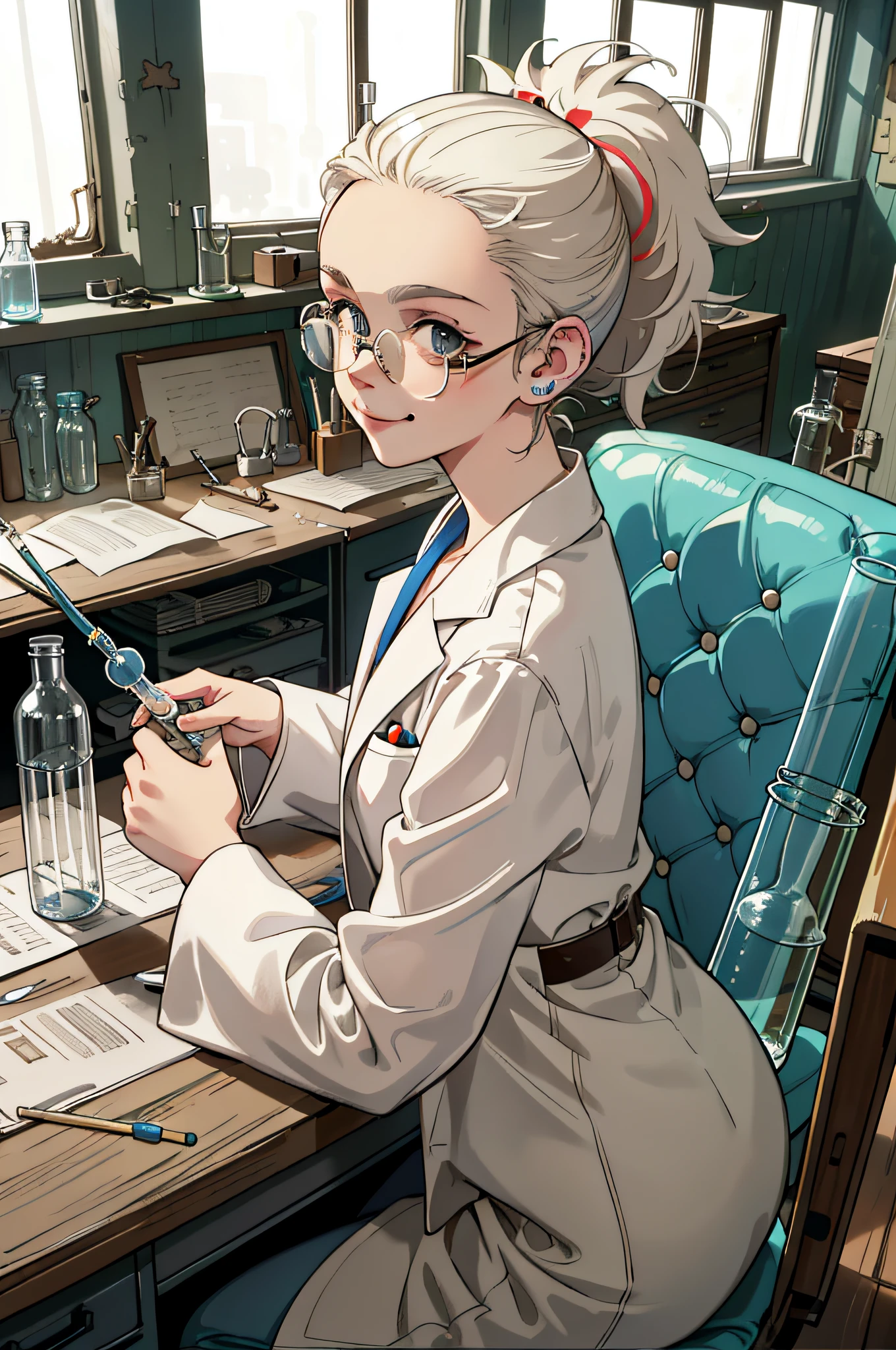masterpiece, best quality, miley cyrus, adult, , beautifull, complicated laboratory, mad scientist, messy hair, forehead, glasses, wooden wall, desk full of junk, test tube, bottles, Window, sit on chair, hold test tube, evil smile, from side|from above