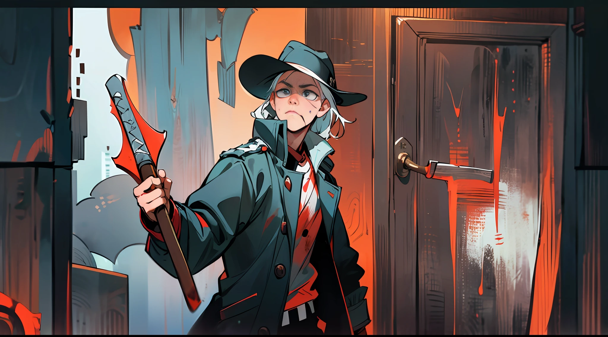 Medium view: portrait of a young man standing in the doorway of a bar, holding an axe, wearing a black coat and hat, fierce eyes, (a sign reading "Bar" on the door of the bar: 1.05), (loud sounds and music coming from the bar, people drinking, dancing, fighting: 1.1), (subtle textures and details of the axe in the man's hand and sweat and blood stains on his face: 1.2), (Contrast and tension in the composition: 1.25), tension