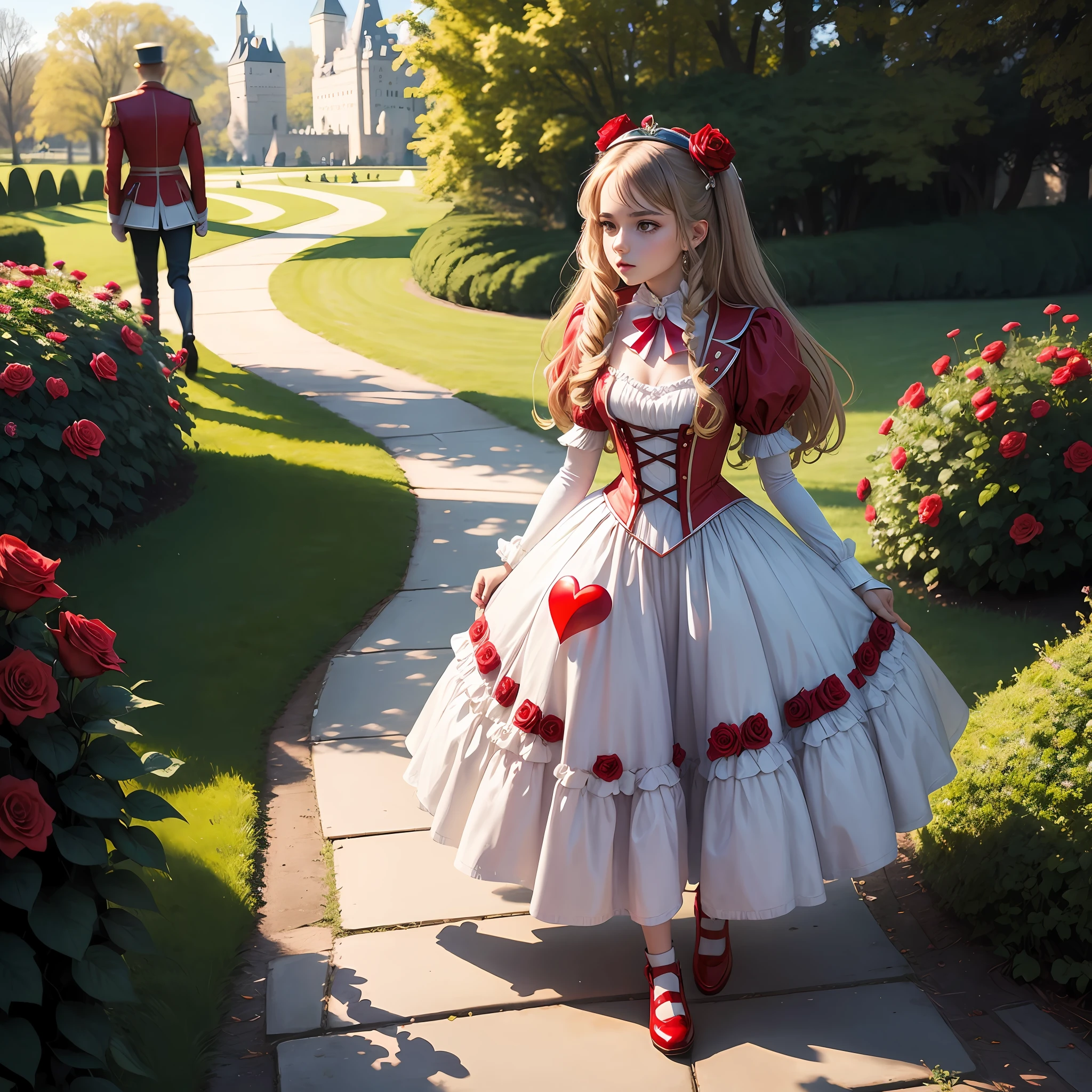  queen of hearts from alice in wonderland walking in the park of the castle, there are guards dressed as deck cards and red roses --auto --s2