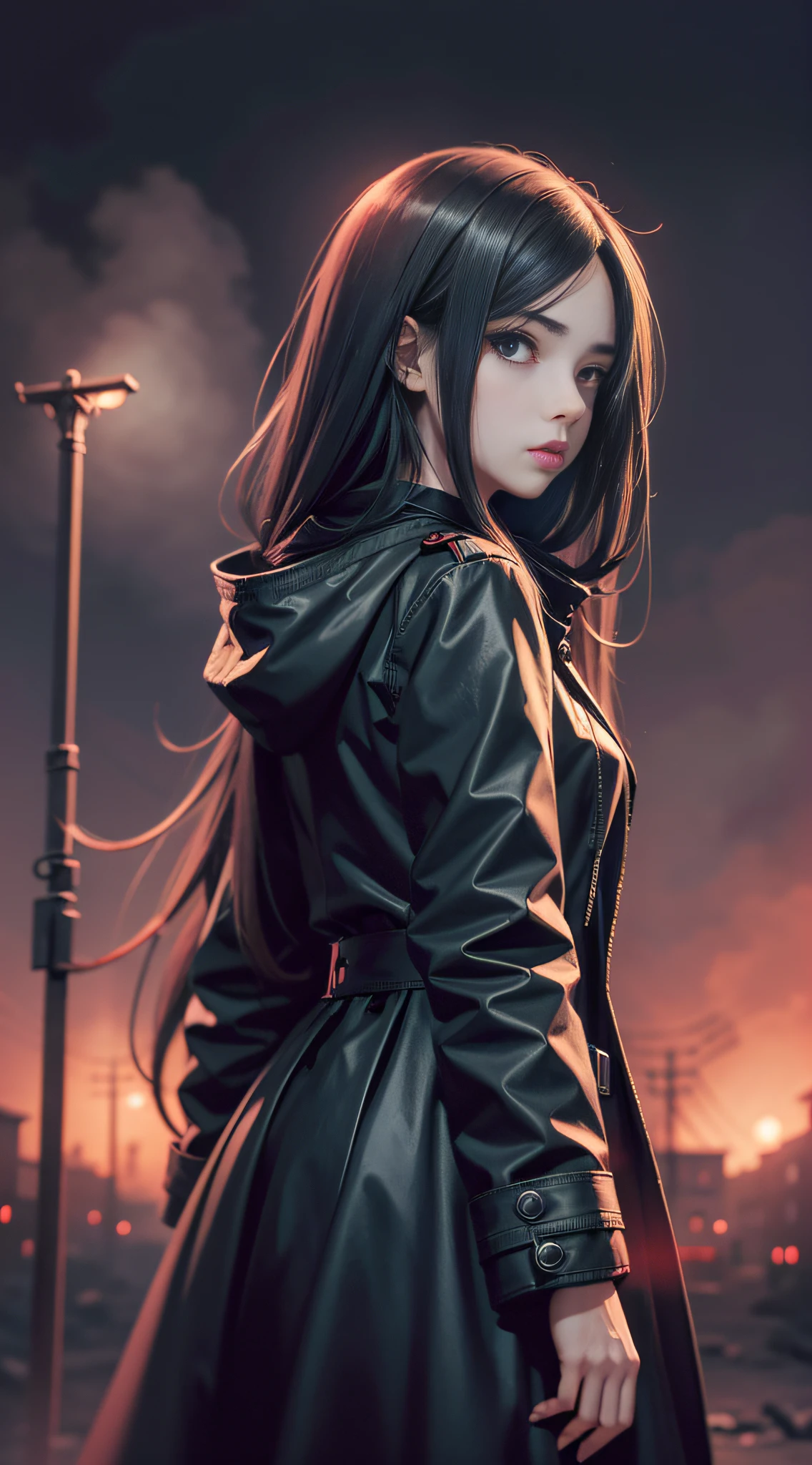 Girl, long hair, black coat, standing, sideways, behind is a town plunged into darkness, blood moon, hazy background, big scene (sketch: 1.2), anime key visuals, fog, evil, Bauhaus art, dramatic lights, mystery