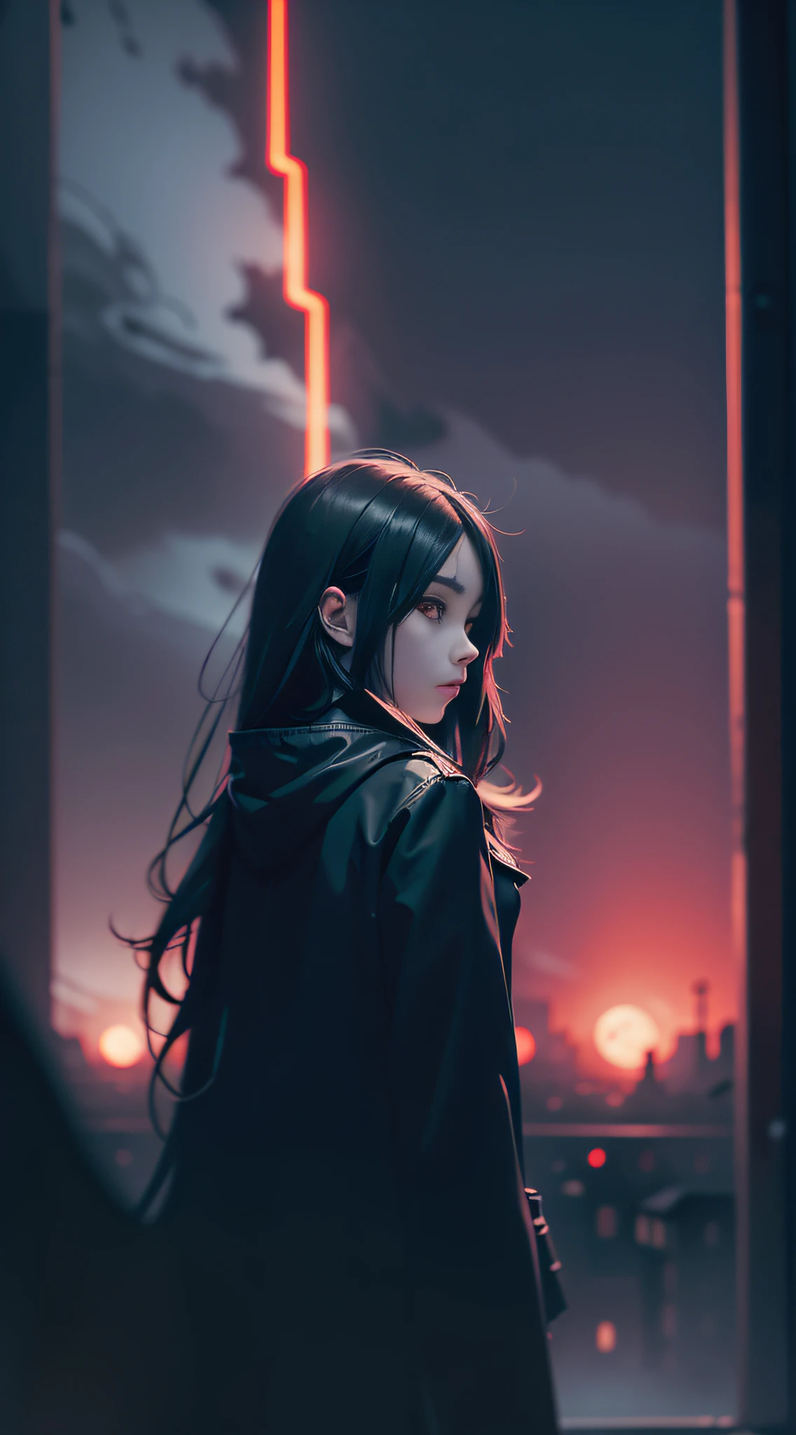 Girl, long hair, black coat, standing, sideways, behind is a town plunged into darkness, blood moon, hazy background, big scene (sketch: 1.2), anime key visuals, fog, evil, Bauhaus art, dramatic lights, mystery
