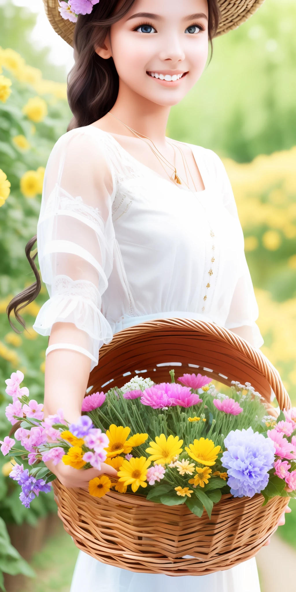 Close-up Beautiful young model with a basket full of flowers Fantastic creativity High quality details