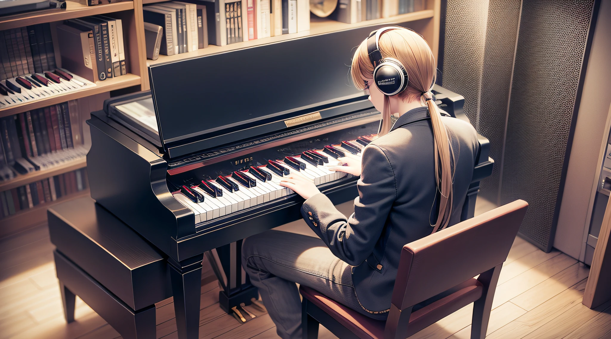 playing the piano, perfect composition, wearing headphones, techno,