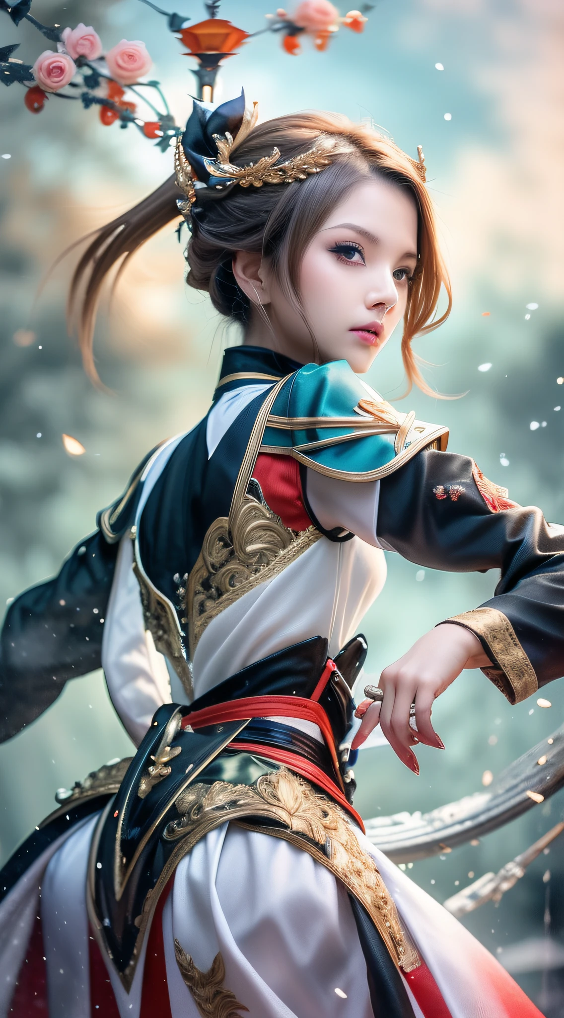 1. "(best quality), (masterpiece) 1boy, martial arts, muscular build, fierce expression, traditional Chinese clothing, ready stance, close-up perspective, launching an attack, bamboo forest background"
2. "(best quality), (masterpiece) 1girl, sword fighting, agile figure, calm expression, flowing dress, one-handed grip, high-angle perspective, parrying an attack, temple backdrop"
3. "(best quality), (masterpiece) multiple people, aerial combat, slender builds, determined expressions, matching armor, soaring through the air, bird's-eye view, exchanging blows mid-air, mountainous landscape in the distance"
4. "(best quality), (masterpiece) 1boy and 1girl, dual wielding, contrasting builds (1boy being heavily built and 1girl being nimble), focused expressions, complementary attire, facing each other in a stand-off, side-view perspective, sword blades crossed, ancient temple setting"
5. "(best quality), (masterpiece) 1girl, hand-to-hand combat, lithe frame, serene expression, minimalist outfit, executing a strike, low-angle perspective, training dummies in the background"
6. "(best quality), (masterpiece) 1boy, polearm wielding, tall stature, fierce expression, warrior garb, performing a spin, mid-range perspective, swiping at a group of enemies, sunset over a lake in the background"
7. "(best quality), (masterpiece) multiple people, barren mountain, Flying ship, diverse physiques and genders, focused expressions, coordinated outfits, standing at various positions, wide-angle perspective, aiming at a bullseye target, cherry blossom grove in the surroundings"
8. "(best quality), (masterpiece) 1boy and 1girl, cooperative combat, evenly matched builds, composed expressions, harmonizing outfits, performing a joint attack, diagonal perspective, facing a giant serpent, ancient ruins backdrop"
9. "(best quality), (masterpiece) 1girl, stealth mission, petite build, vigilant expression, ninja attire, hiding in shadows, first-person perspective, wielding shurikens, moonlit castle